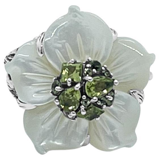 For Sale:  Hand Carved Large Pearl Carved Flower Set with Peridot in Sculped Silver Ring