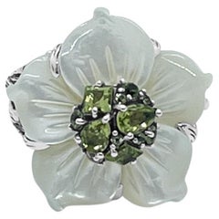 Hand Carved Large Pearl Carved Flower Set with Peridot in Sculped Silver Ring