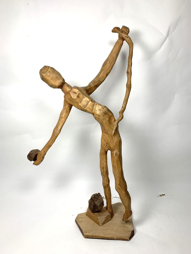 Hand carved large scale wooden figure, signed, in original condition, from the 1960s.