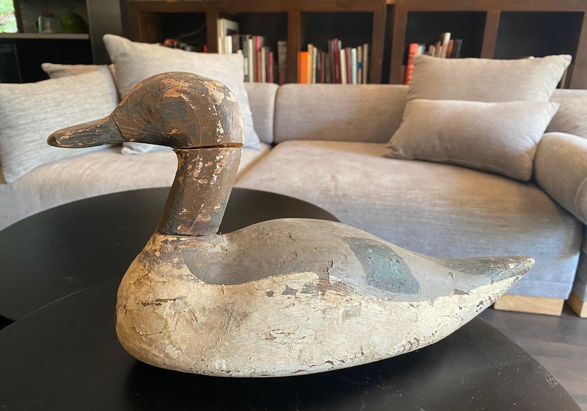 A fantastic early to Mid-20th Century hand-carved and painted wood duck or mallard decoy.  This piece has an wonderful color and texture.  

From an impressive Los Angeles vintage duck and antique swan decoy collection.  

Would be a great addition