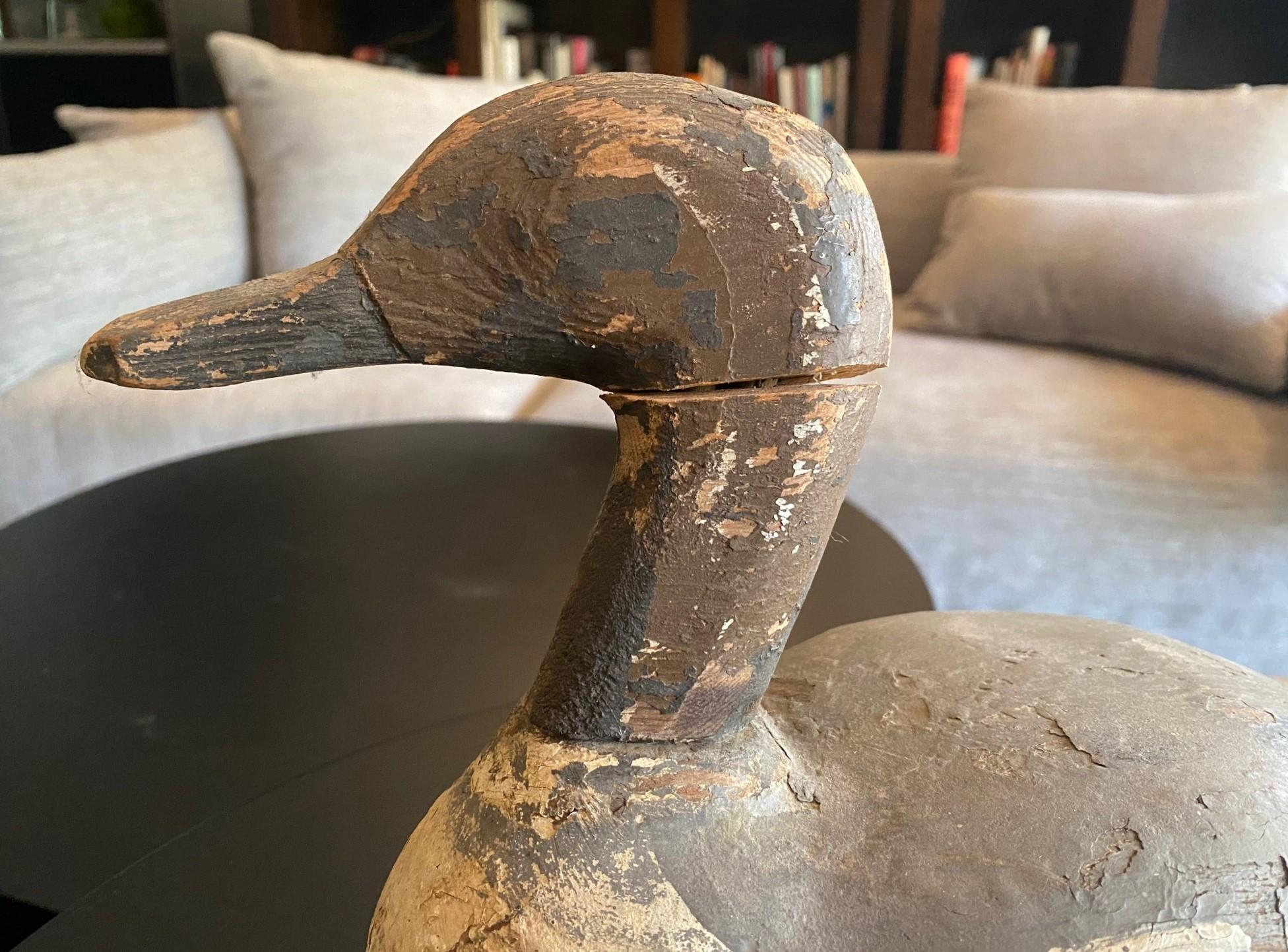 Folk Art Hand Carved Large Vintage Antique Wood Duck Decoy Sculpture, Early 20th Century For Sale