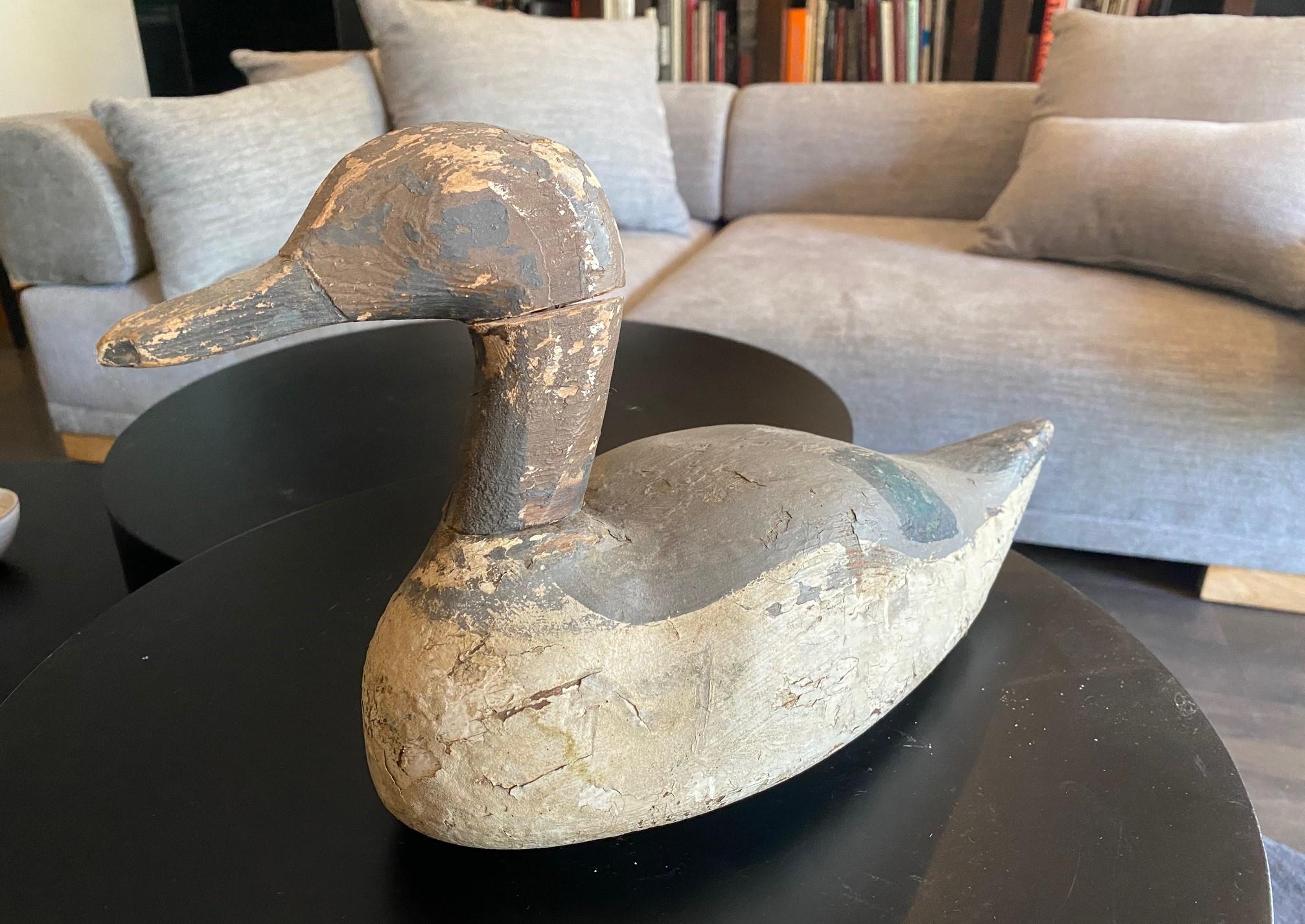 American Hand Carved Large Vintage Antique Wood Duck Decoy Sculpture, Early 20th Century For Sale