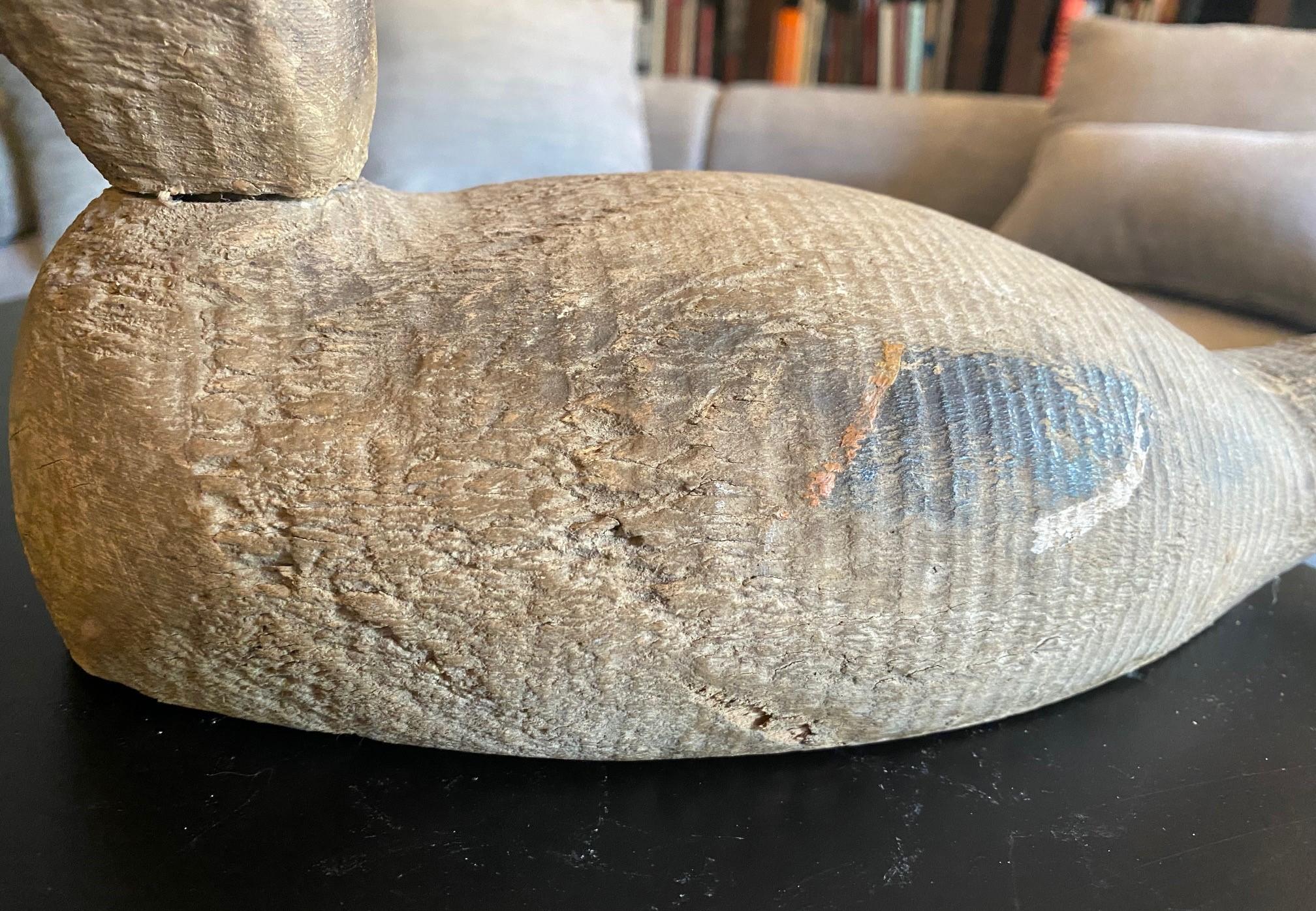 American Hand Carved Large Vintage Antique Wood Duck Decoy Sculpture, Early 20th Century For Sale