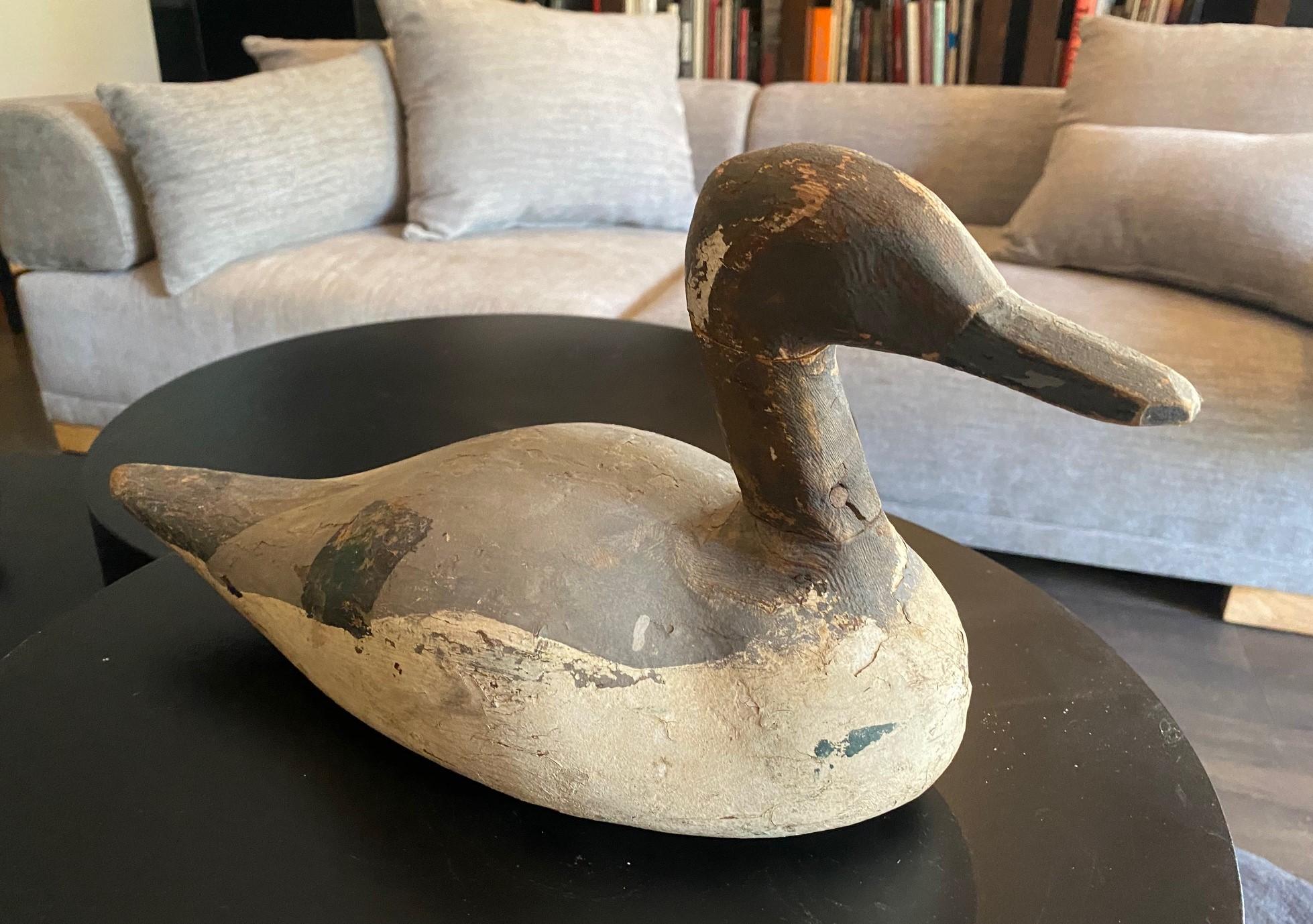 Hand Carved Large Vintage Antique Wood Duck Decoy Sculpture, Early 20th Century In Good Condition For Sale In Studio City, CA