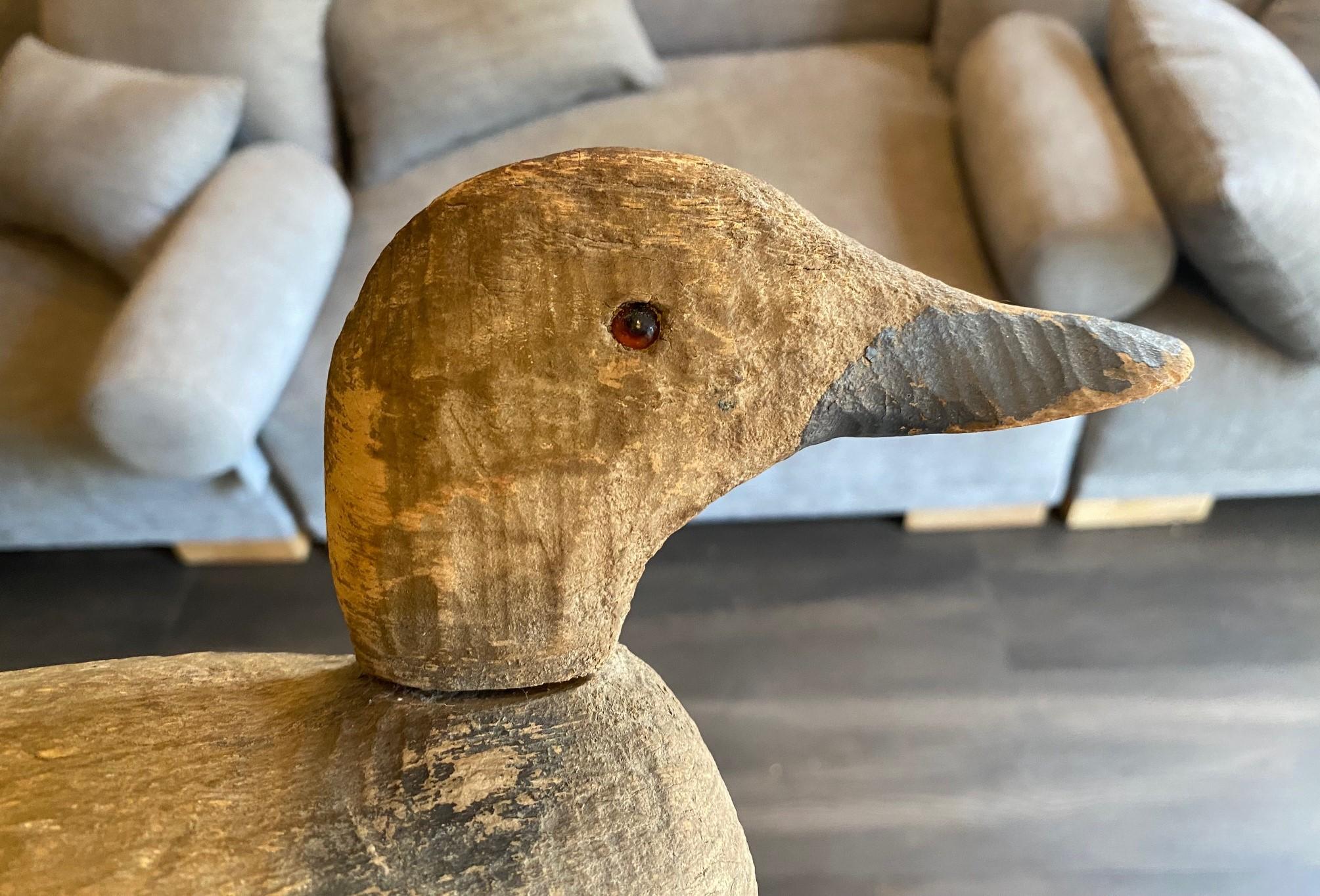 Hand Carved Large Vintage Antique Wood Duck Decoy Sculpture, Early 20th Century In Good Condition For Sale In Studio City, CA