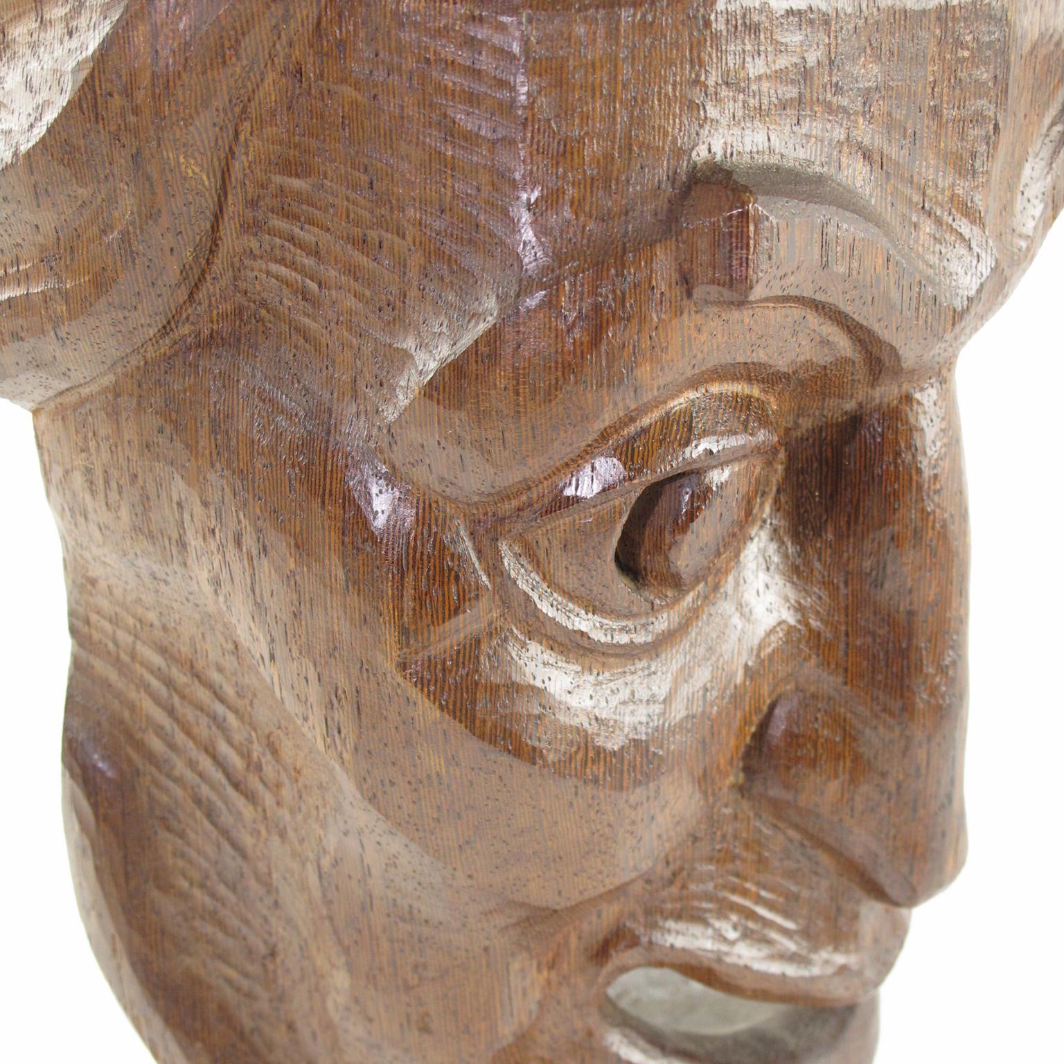 Hand Carved Large Wood Mask Sculpture with Artist Signature, 1950s 4