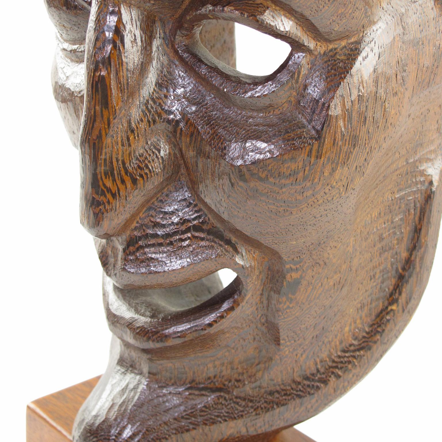 Hand Carved Large Wood Mask Sculpture with Artist Signature, 1950s 5