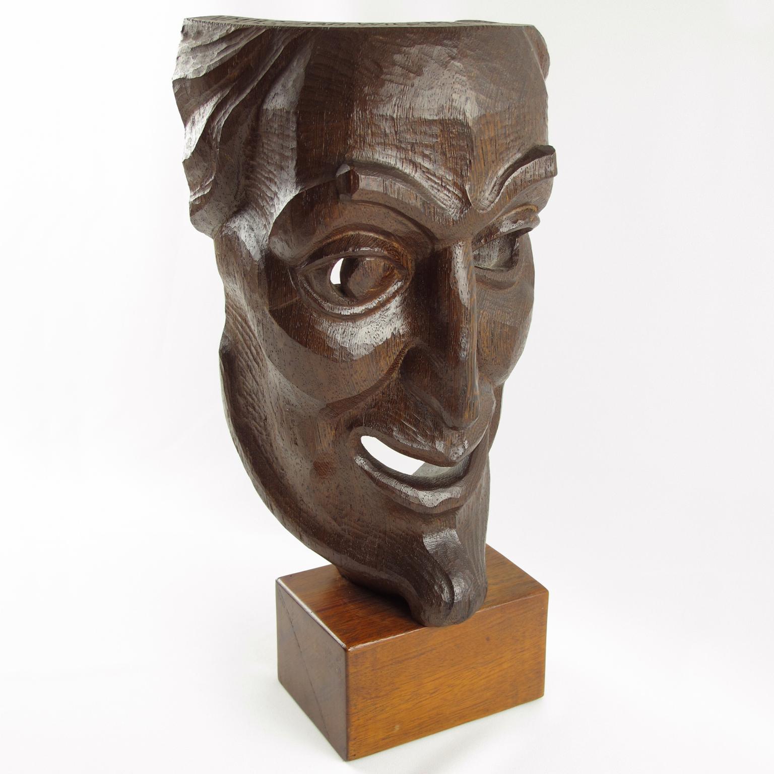 Mid-Century Modern Hand Carved Large Wood Mask Sculpture with Artist Signature, 1950s