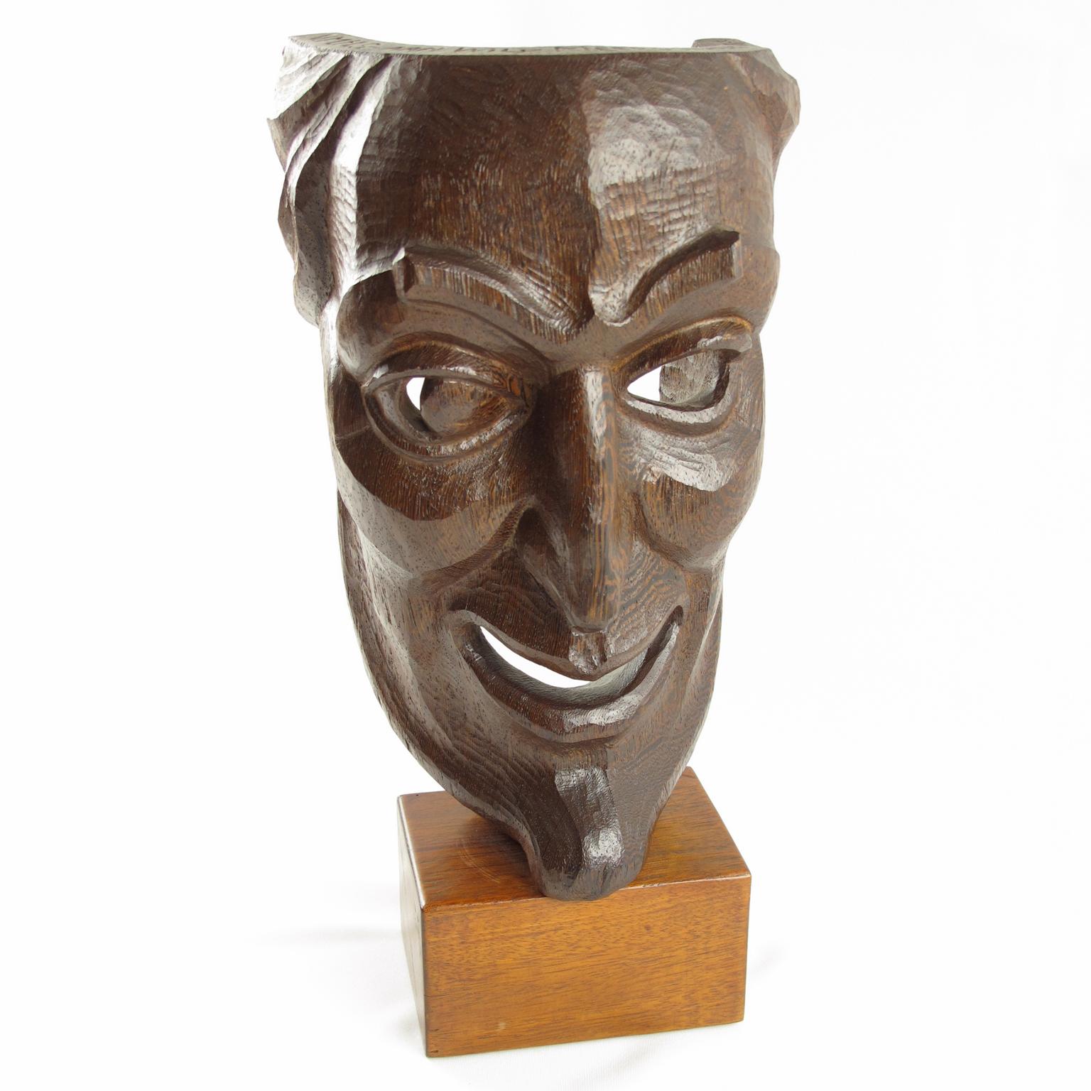 German Hand Carved Large Wood Mask Sculpture with Artist Signature, 1950s