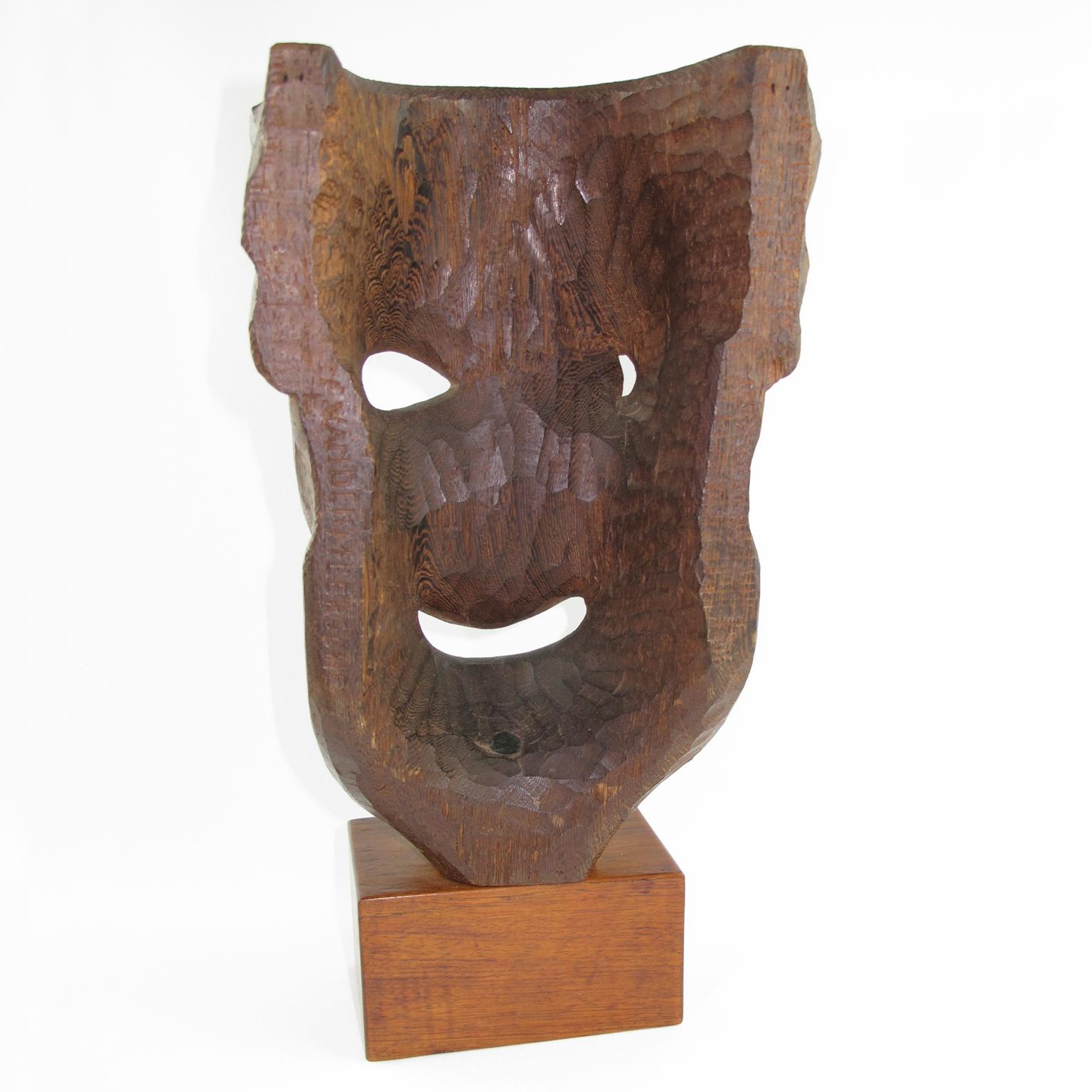 Mid-20th Century Hand Carved Large Wood Mask Sculpture with Artist Signature, 1950s
