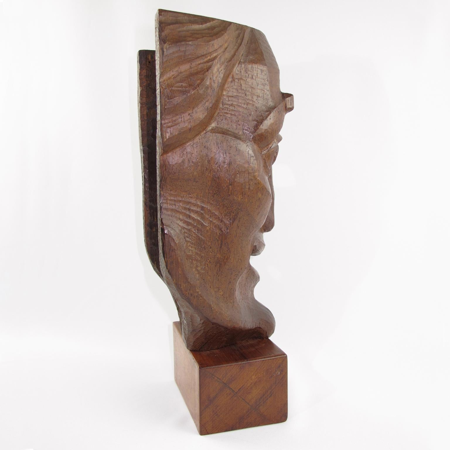 Hand Carved Large Wood Mask Sculpture with Artist Signature, 1950s 1