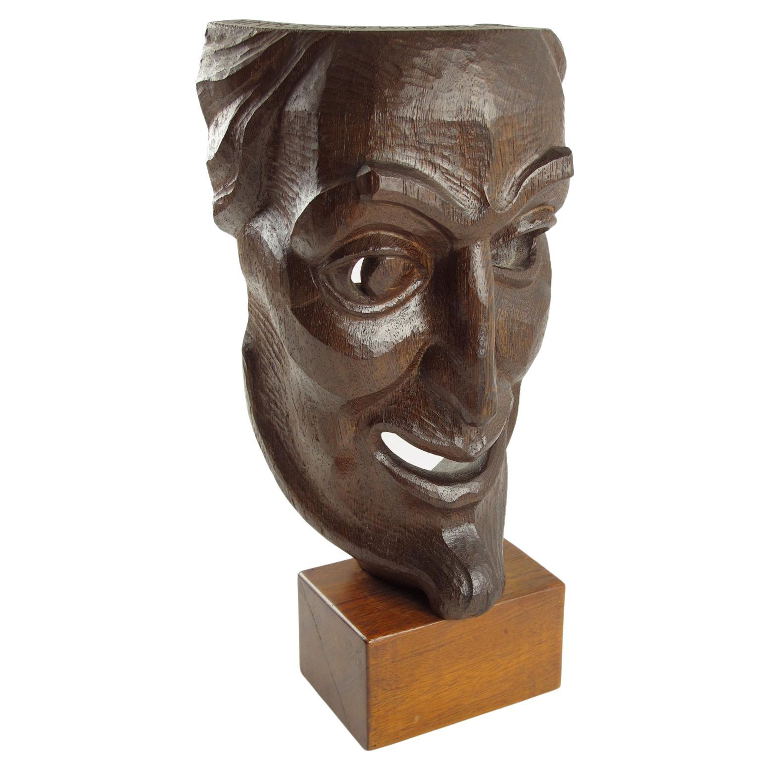 Hand Carved Large Wood Mask Sculpture with Artist Signature, 1950s