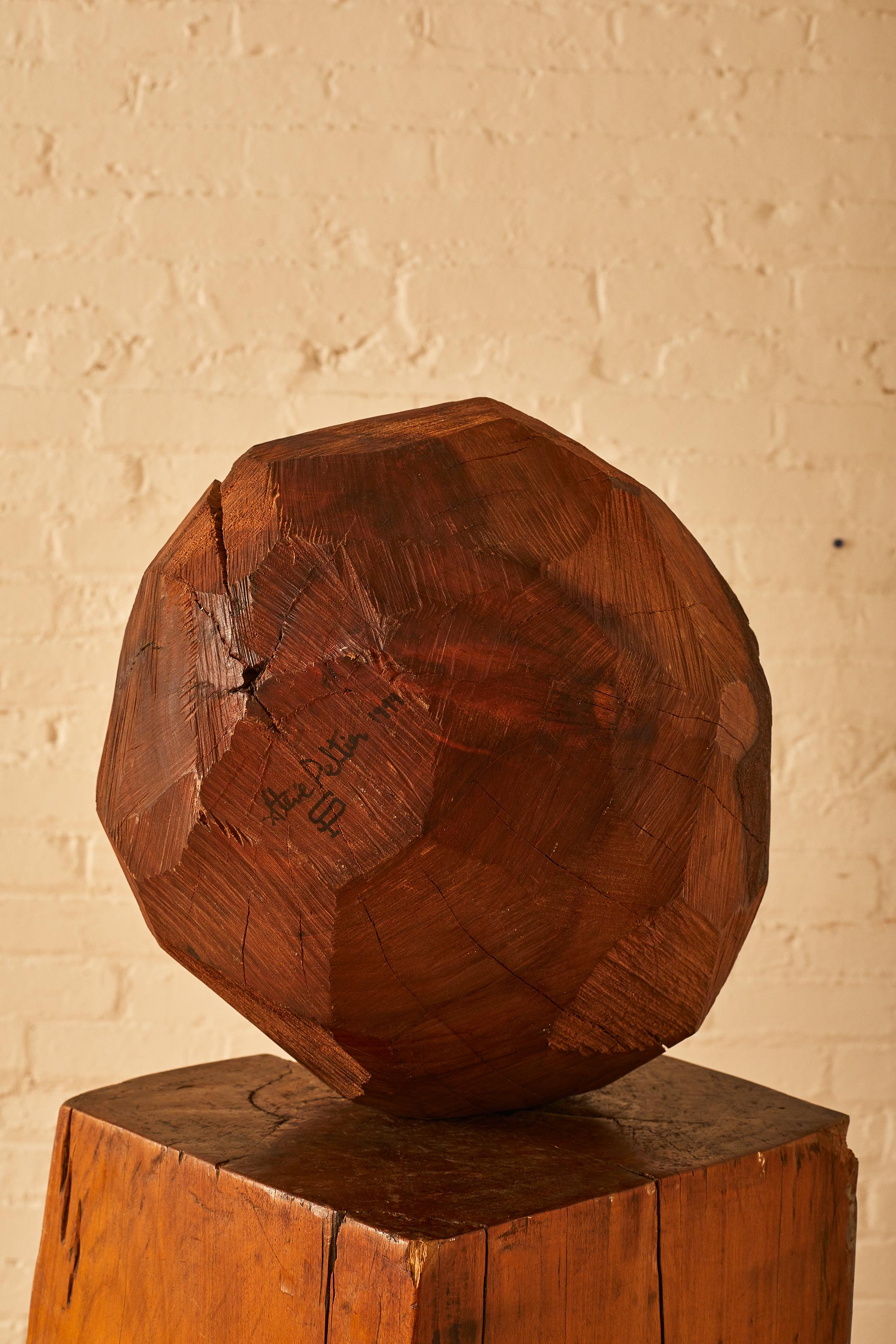 Unknown Hand Carved Large Wooden Sphere Sculpture