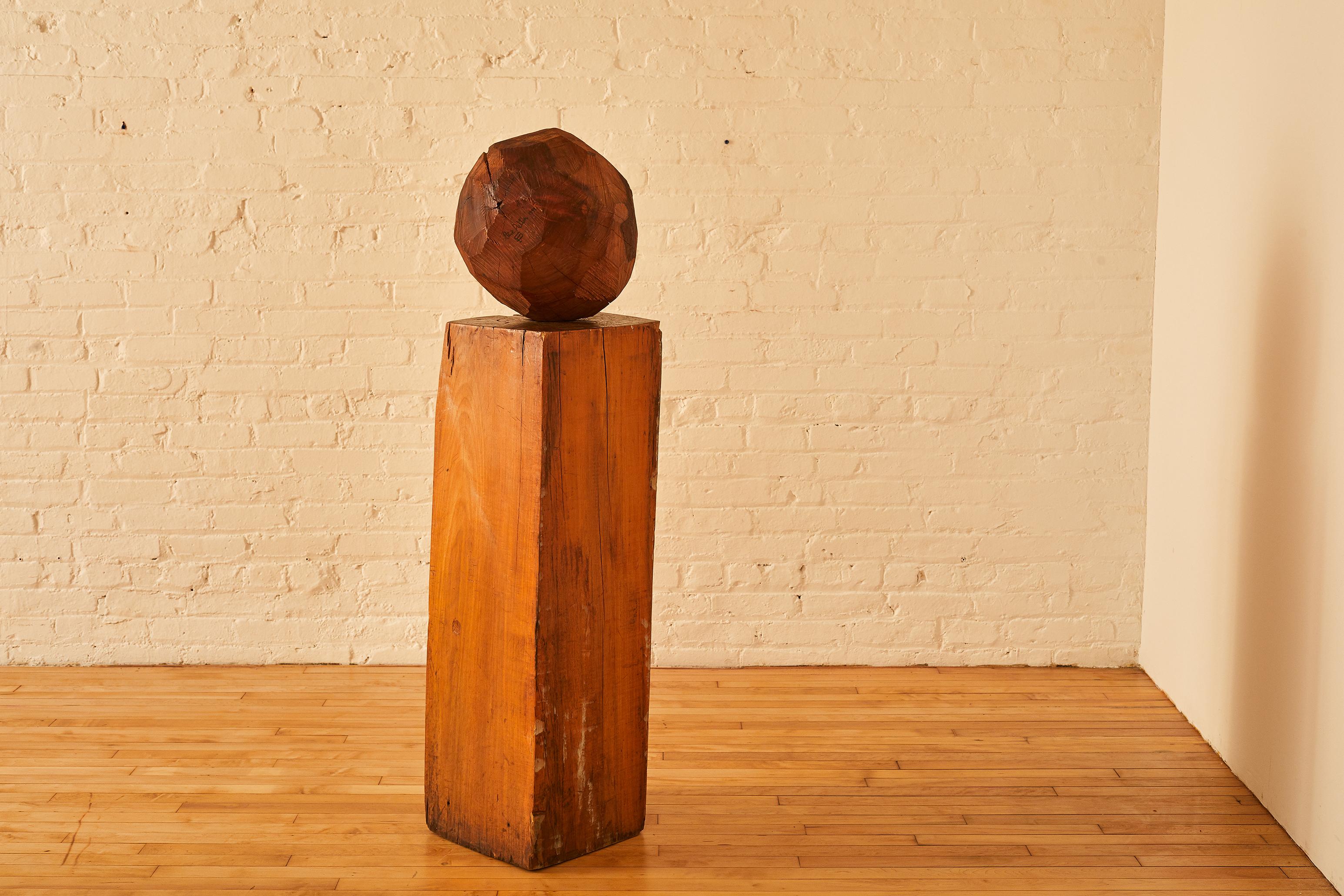 Hand Carved Large Wooden Sphere Sculpture In Good Condition In Long Island City, NY