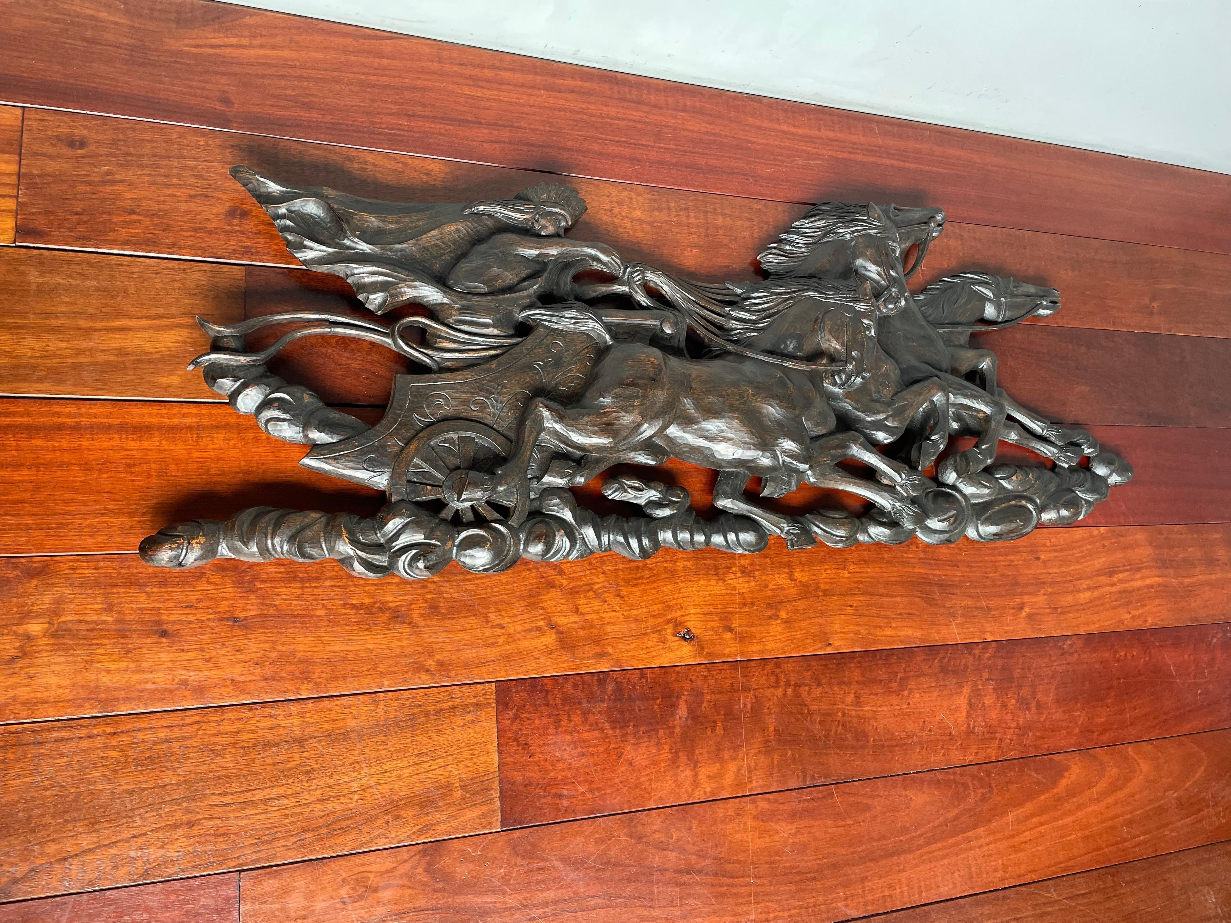 Hand Carved Large Wooden Sun God Helios on Charriot & 4 Horses Wall Sculpture 2