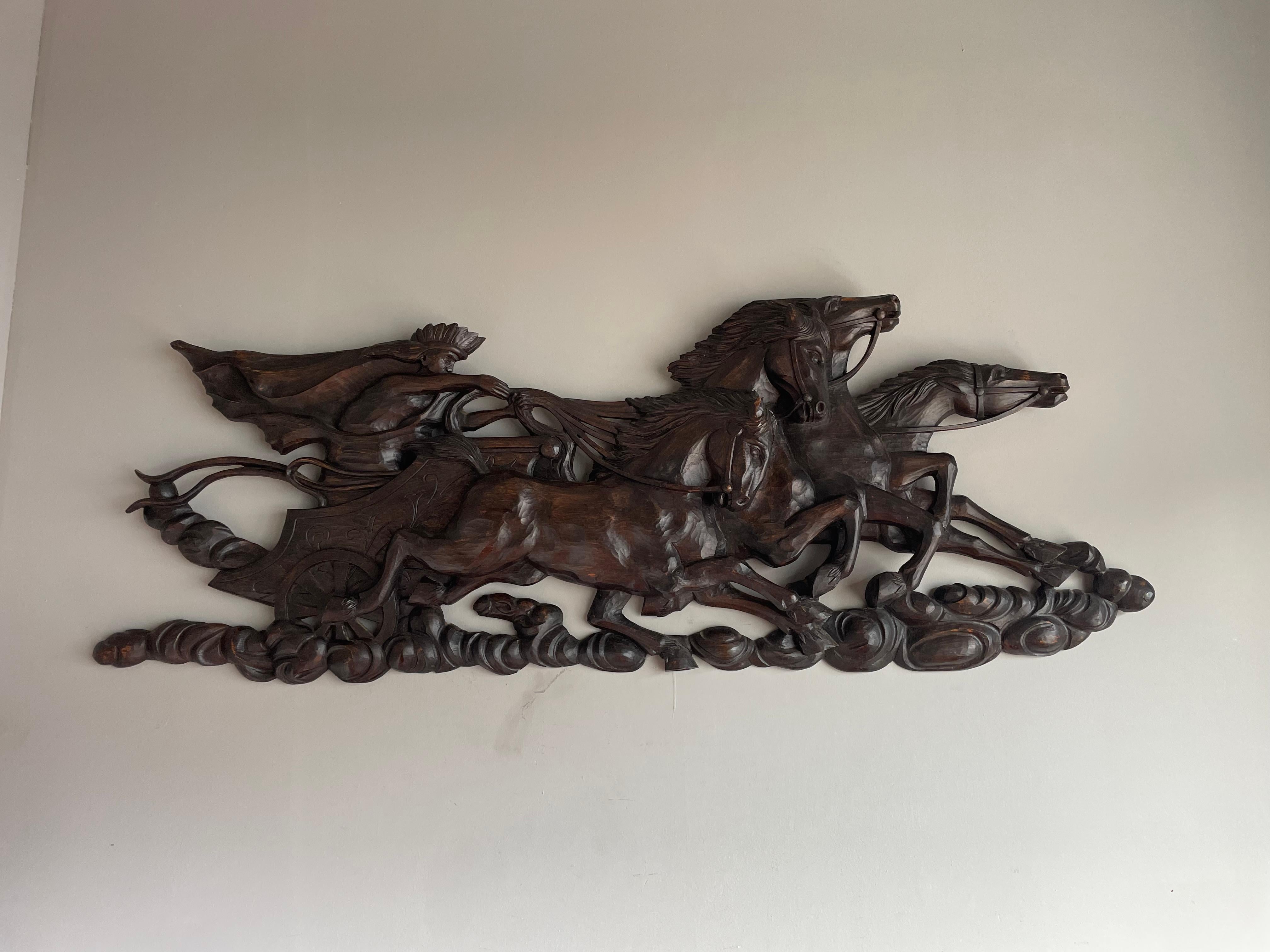 Hand Carved Large Wooden Sun God Helios on Charriot & 4 Horses Wall Sculpture 3