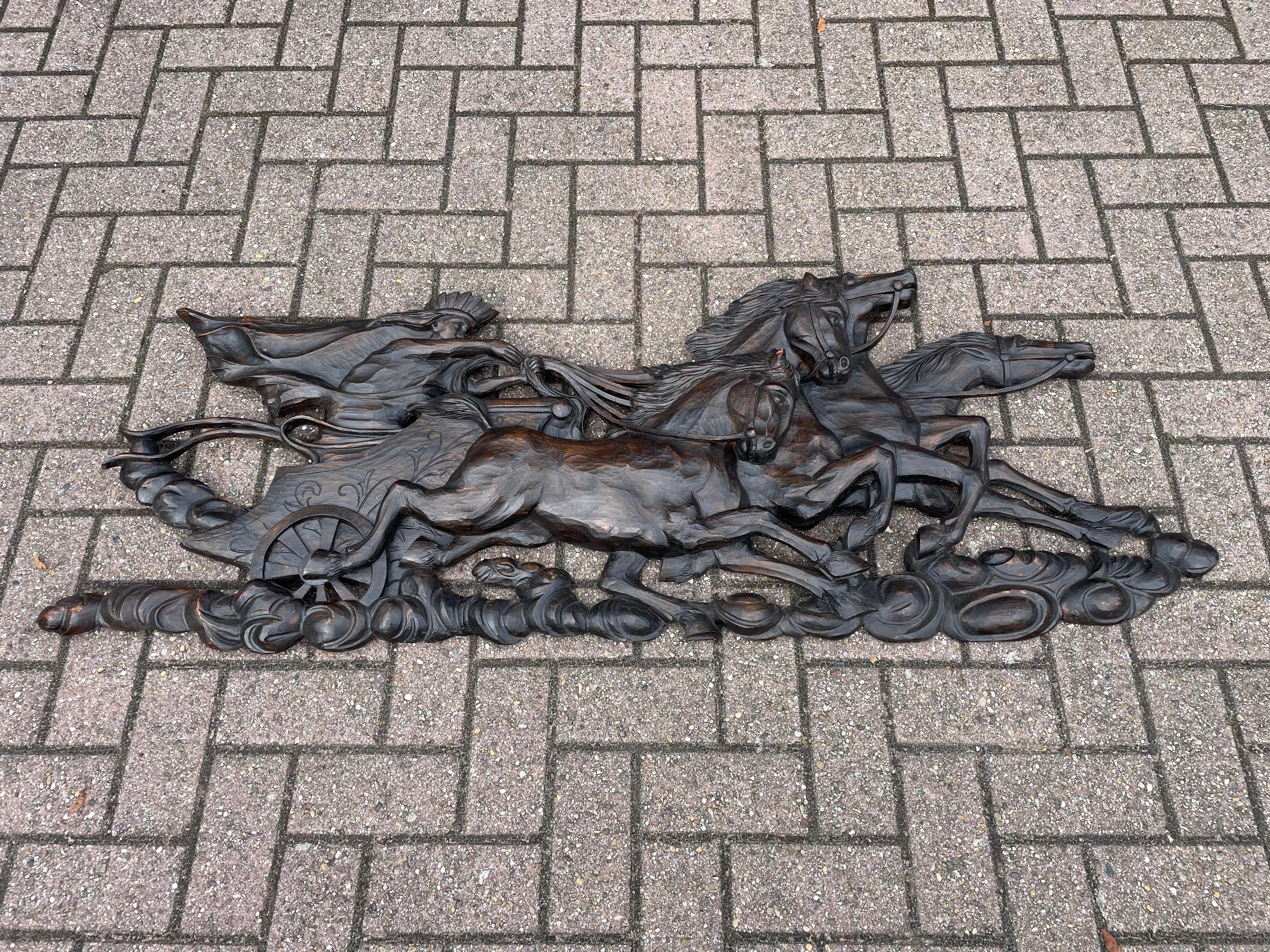 Hand Carved Large Wooden Sun God Helios on Charriot & 4 Horses Wall Sculpture 4