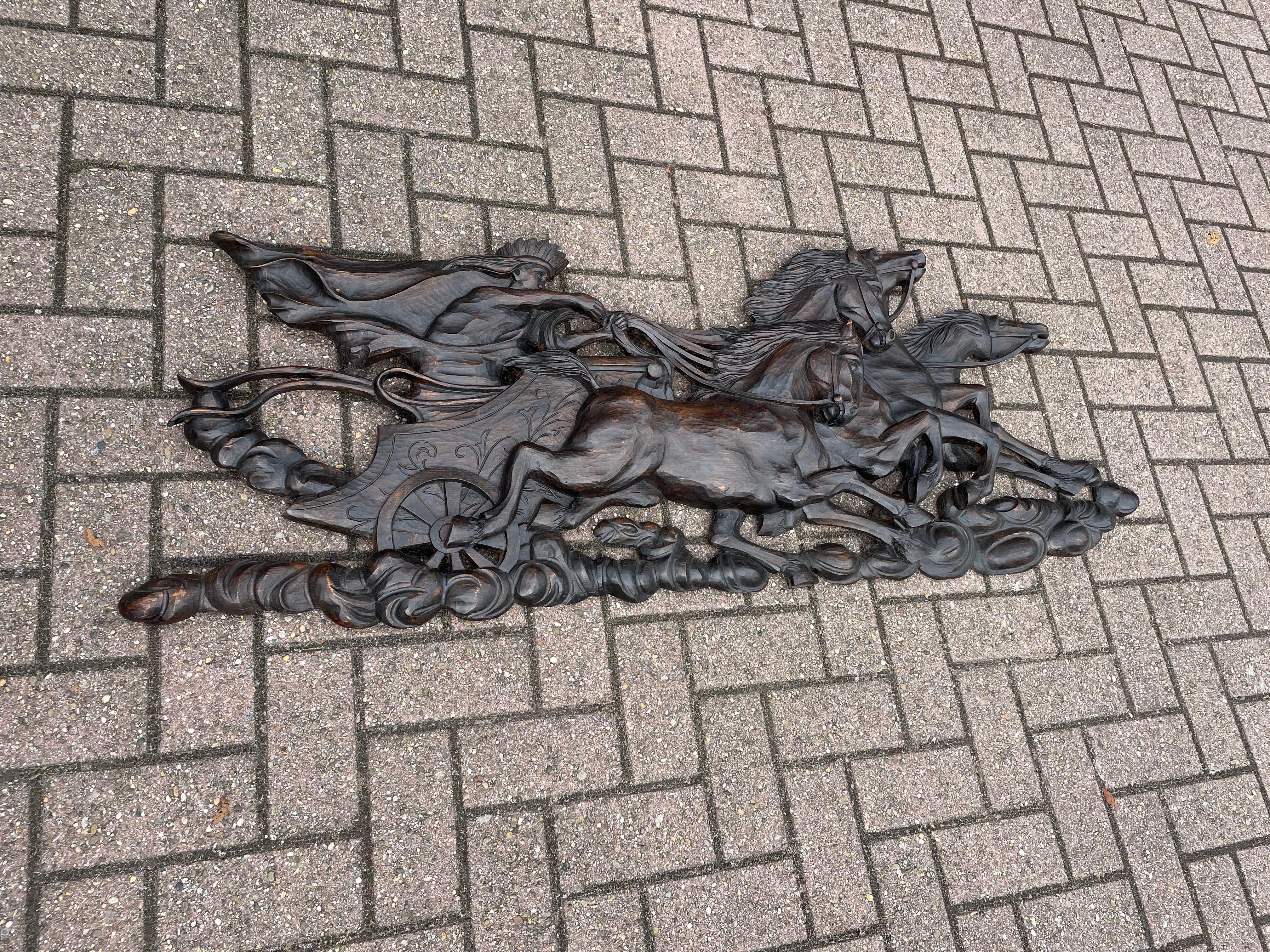 Hand Carved Large Wooden Sun God Helios on Charriot & 4 Horses Wall Sculpture 5