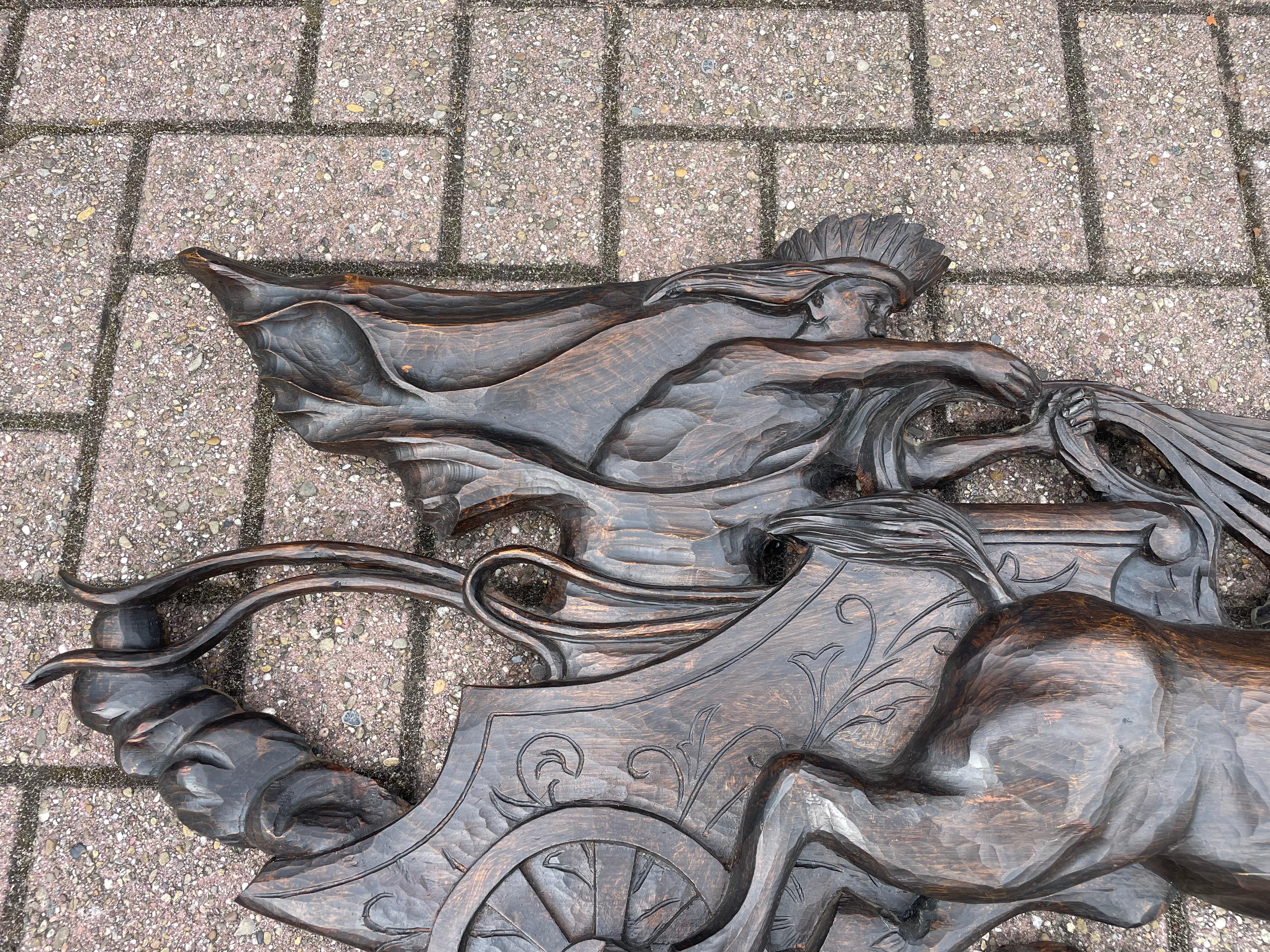 Hand Carved Large Wooden Sun God Helios on Charriot & 4 Horses Wall Sculpture 6