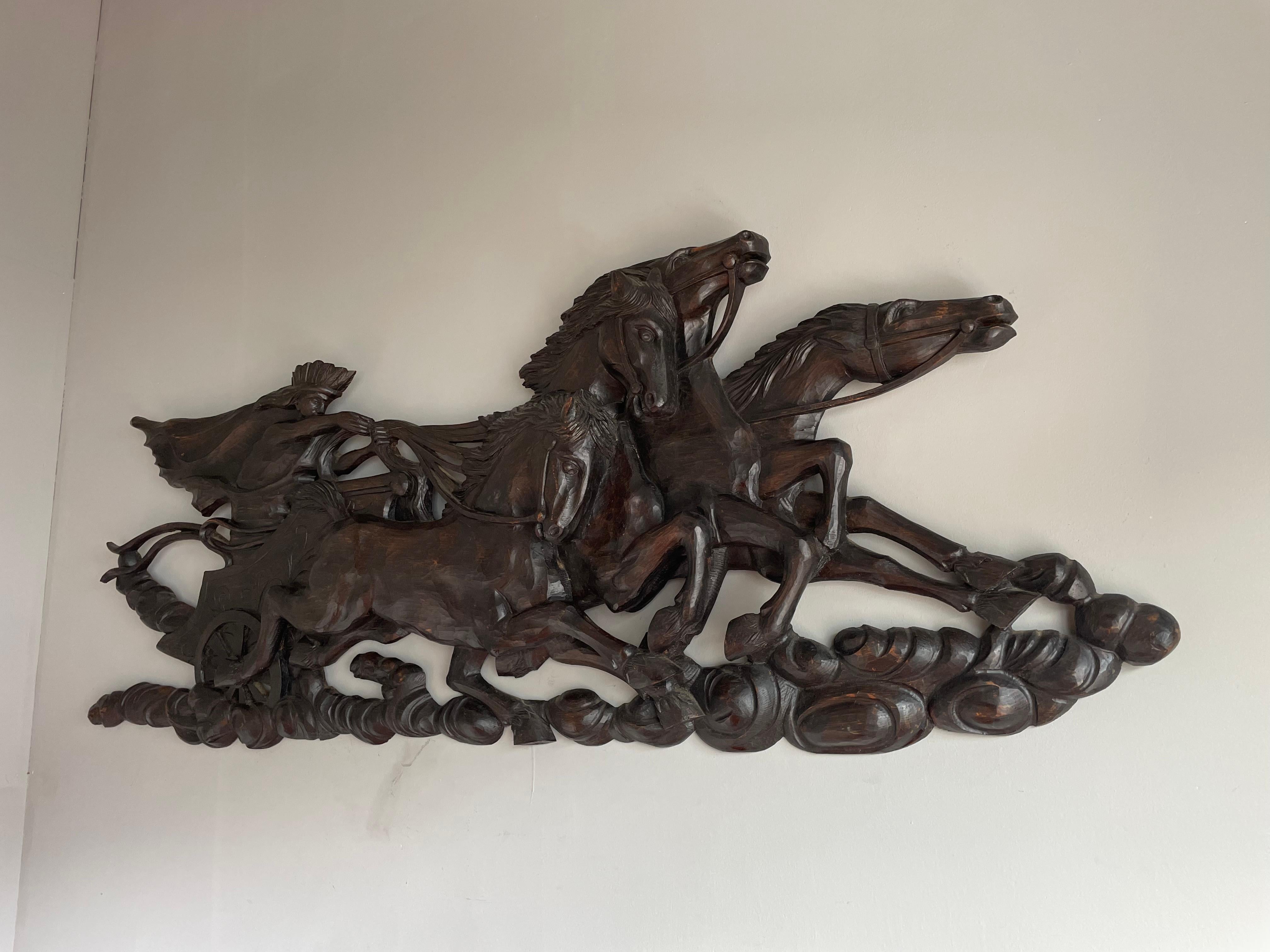 Hand Carved Large Wooden Sun God Helios on Charriot & 4 Horses Wall Sculpture 7