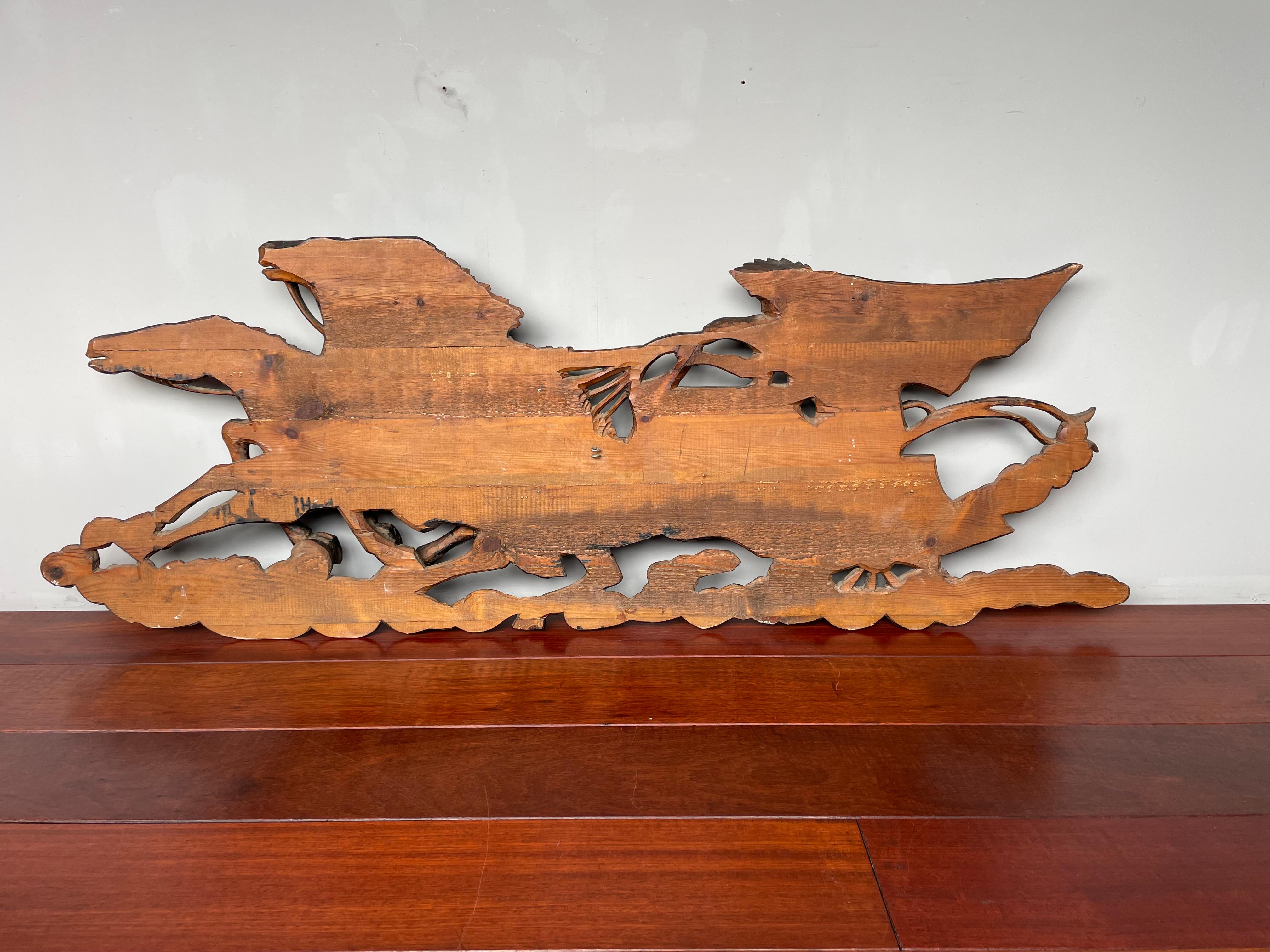 Hand Carved Large Wooden Sun God Helios on Charriot & 4 Horses Wall Sculpture 8