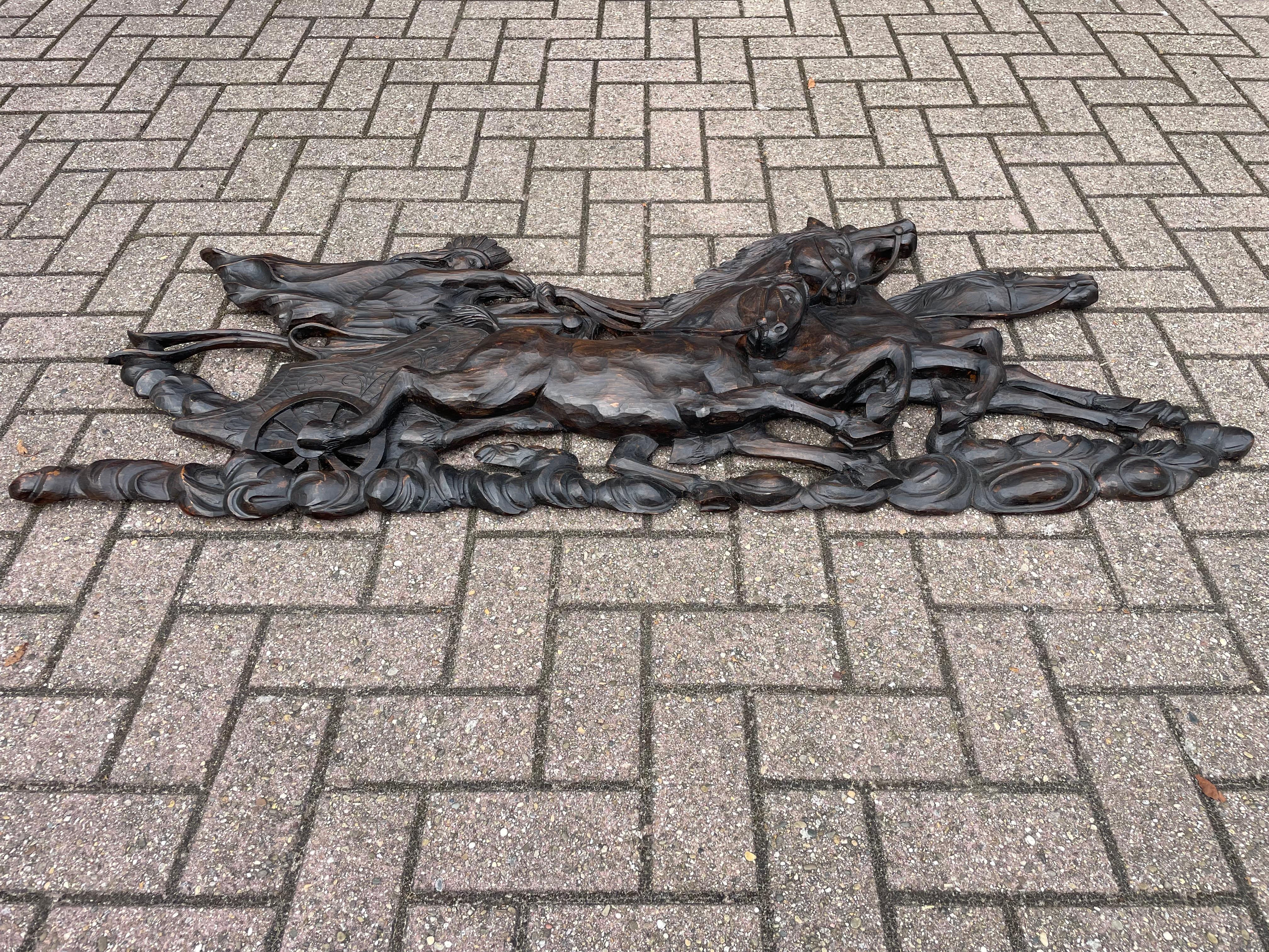 Hand Carved Large Wooden Sun God Helios on Charriot & 4 Horses Wall Sculpture 10