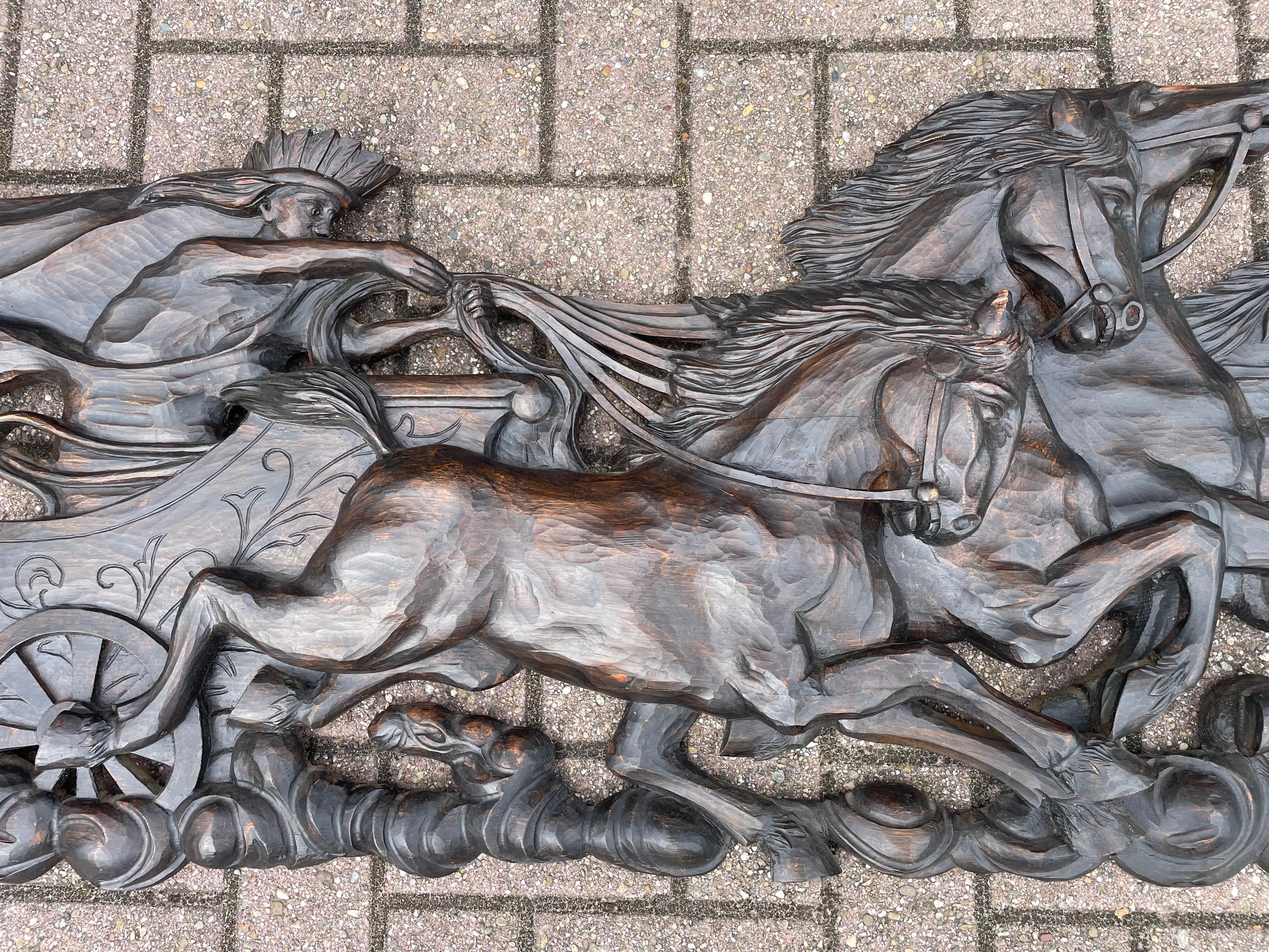 Hand Carved Large Wooden Sun God Helios on Charriot & 4 Horses Wall Sculpture 11