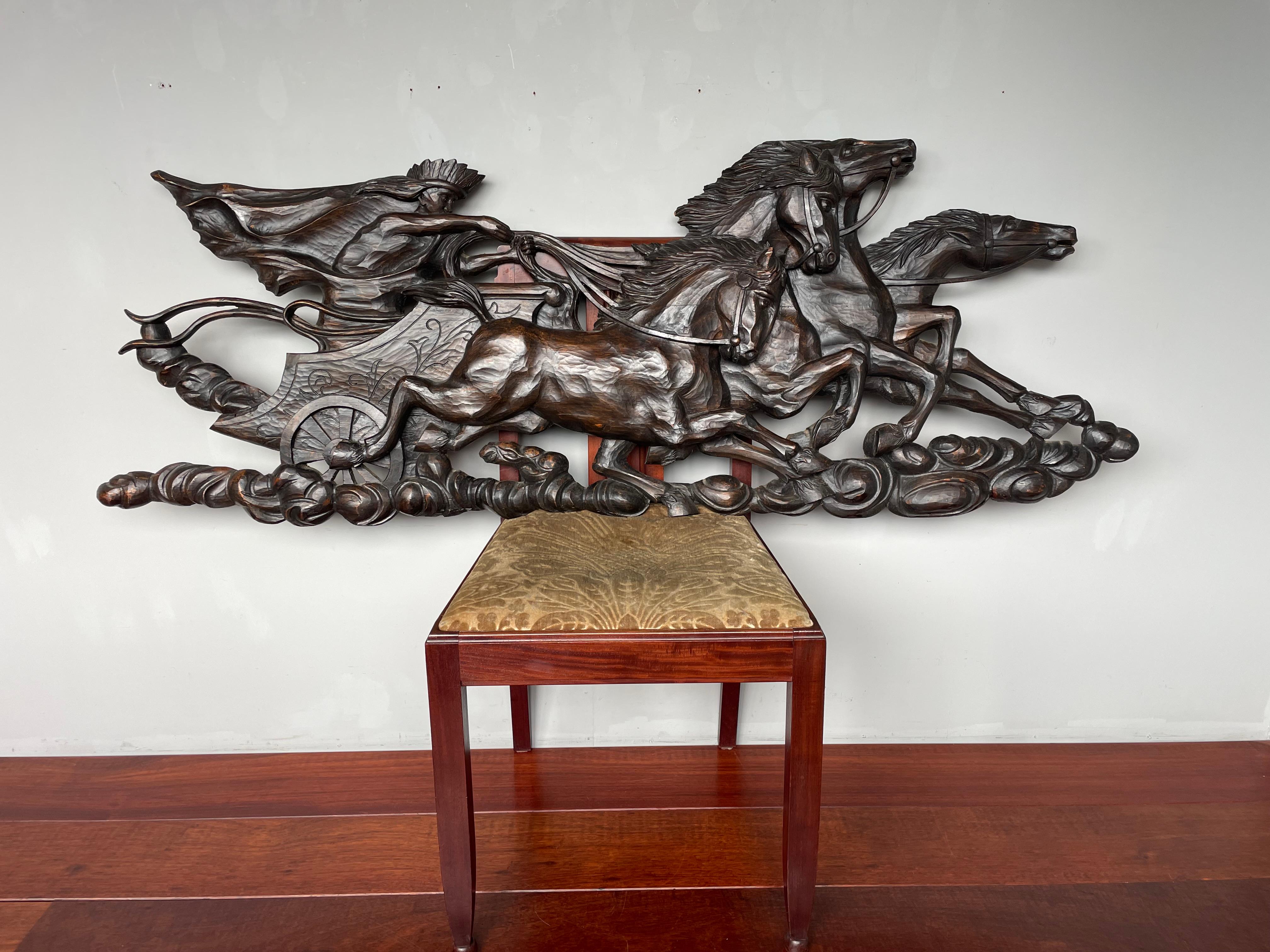 Hand Carved Large Wooden Sun God Helios on Charriot & 4 Horses Wall Sculpture 12