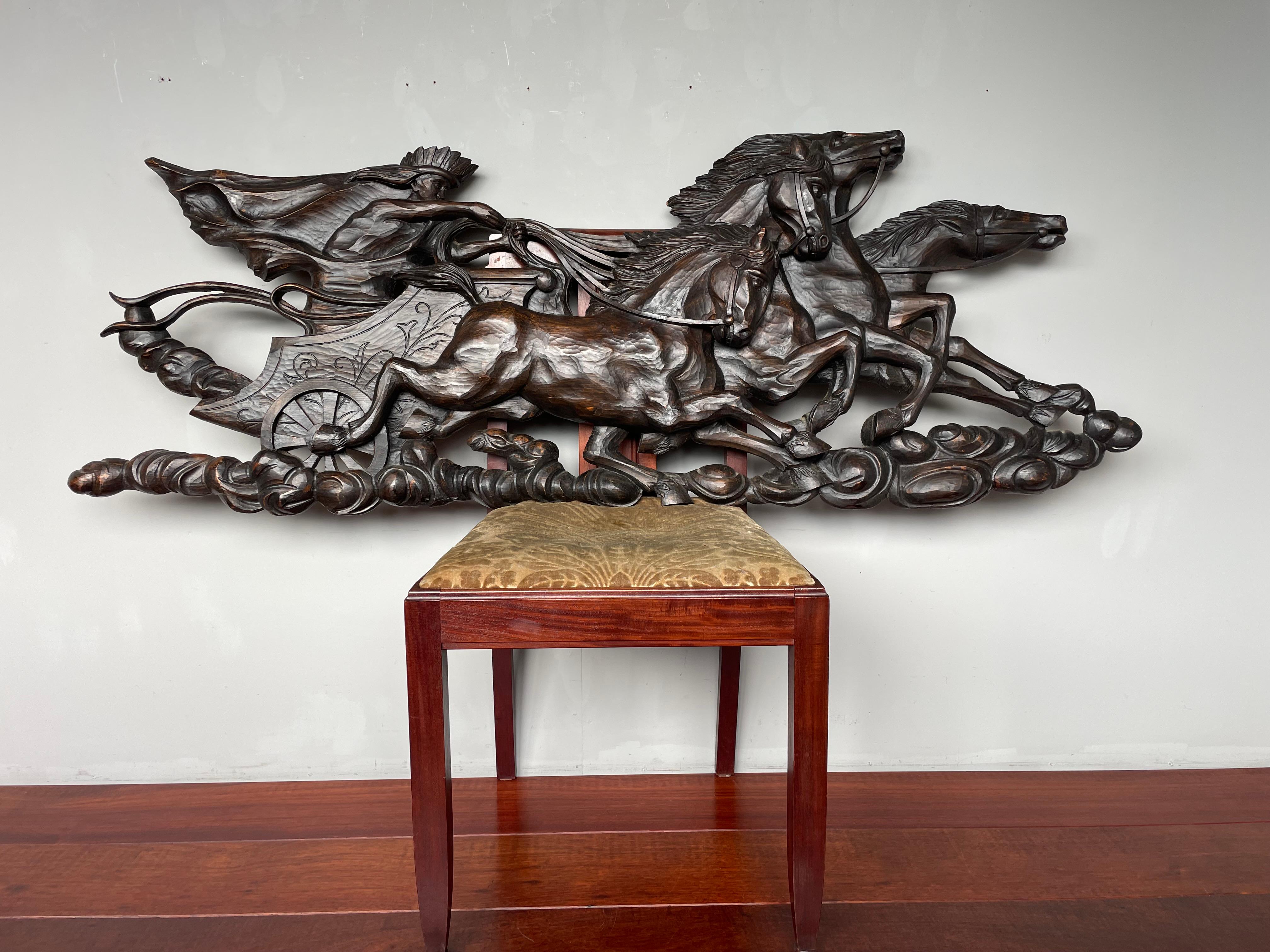 Greek Revival Hand Carved Large Wooden Sun God Helios on Charriot & 4 Horses Wall Sculpture