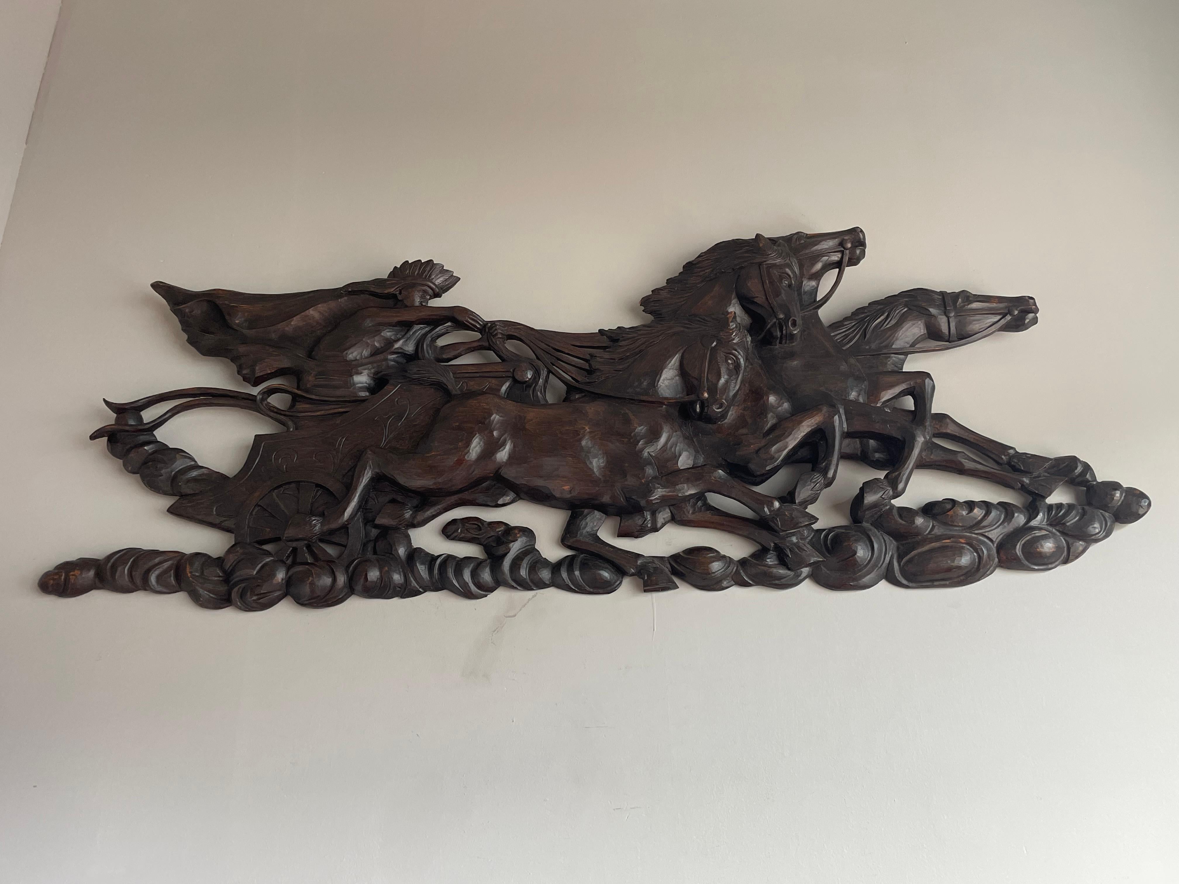 European Hand Carved Large Wooden Sun God Helios on Charriot & 4 Horses Wall Sculpture