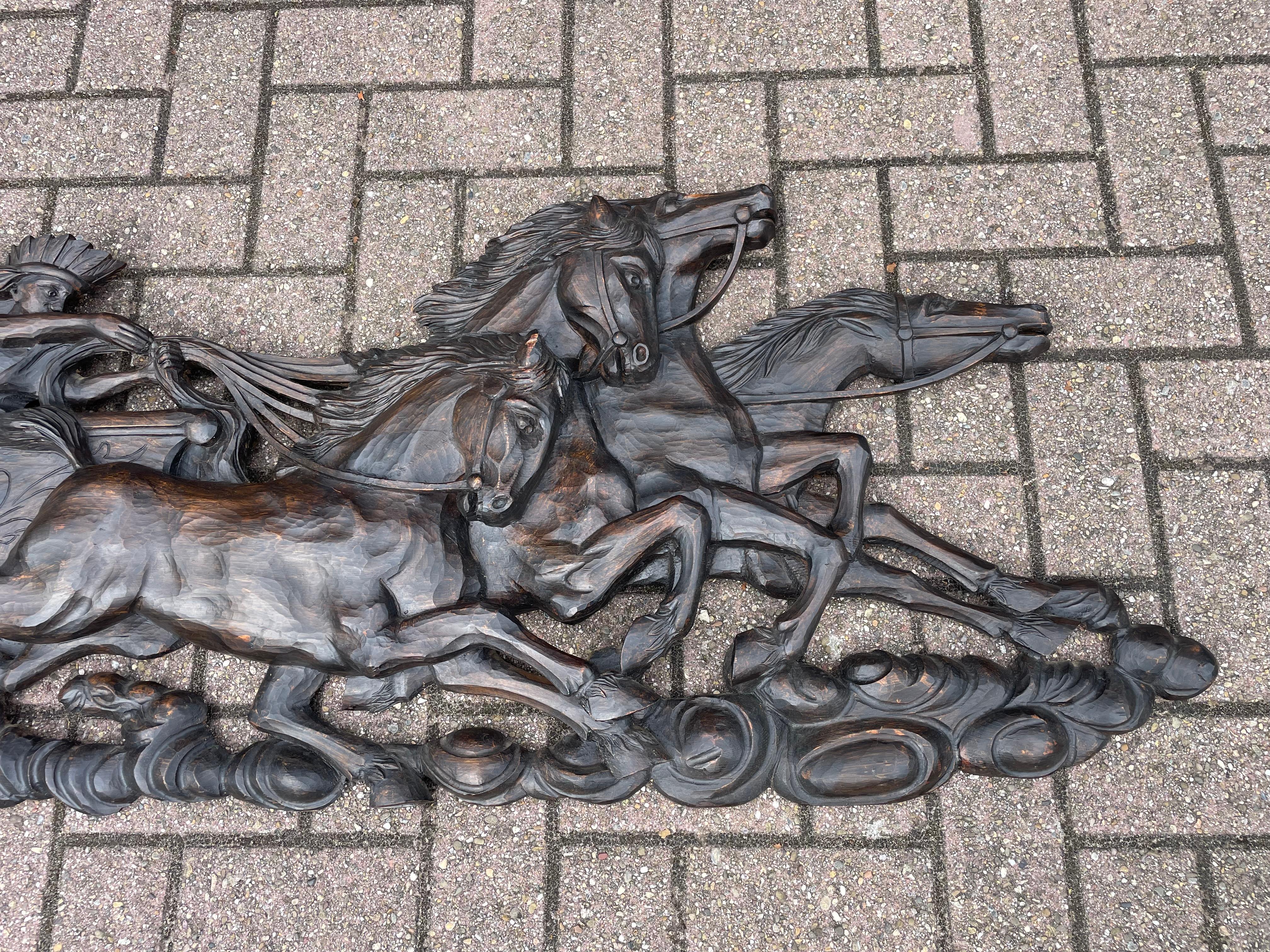 Hand-Carved Hand Carved Large Wooden Sun God Helios on Charriot & 4 Horses Wall Sculpture