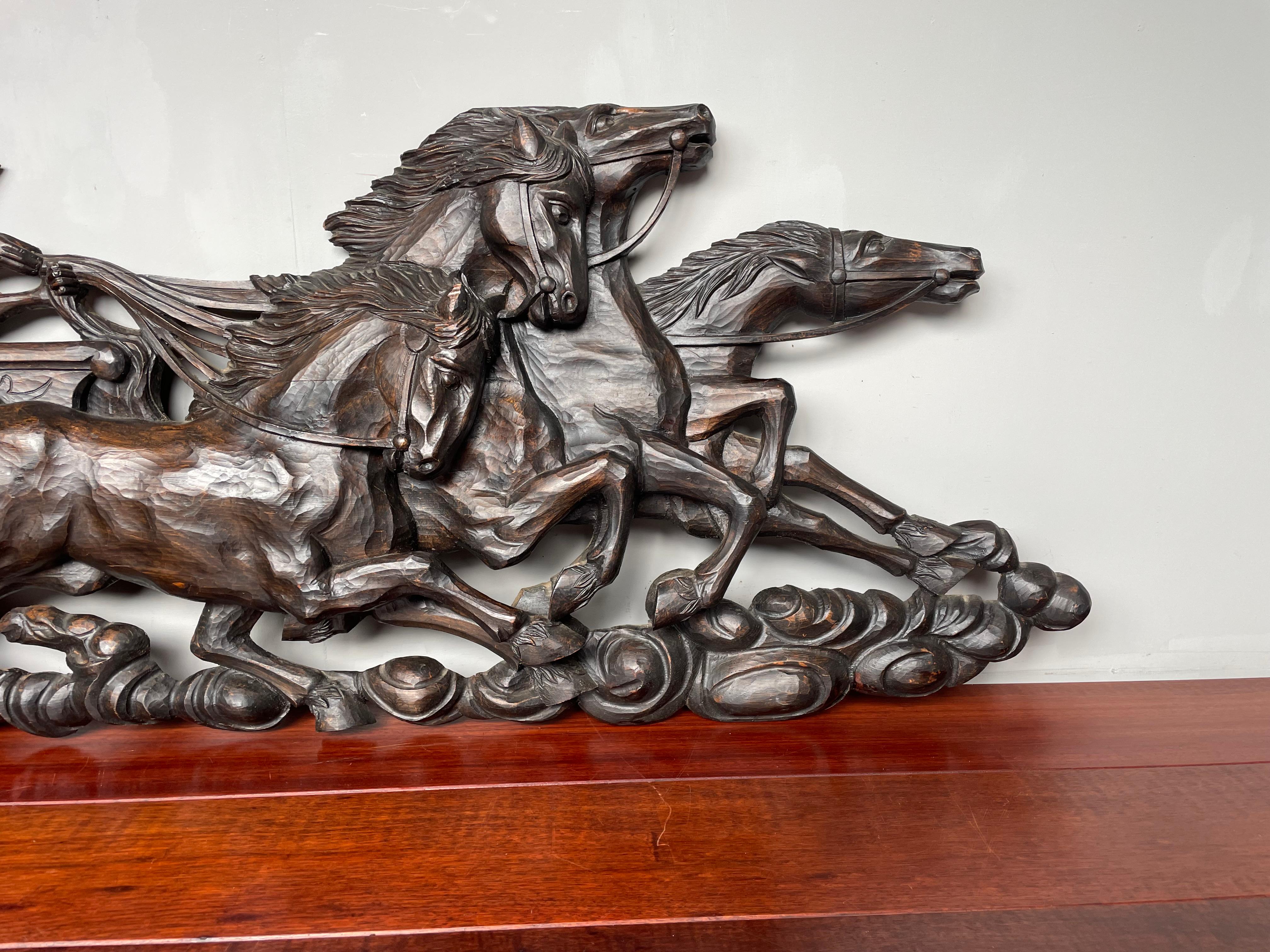 Hand Carved Large Wooden Sun God Helios on Charriot & 4 Horses Wall Sculpture In Excellent Condition In Lisse, NL