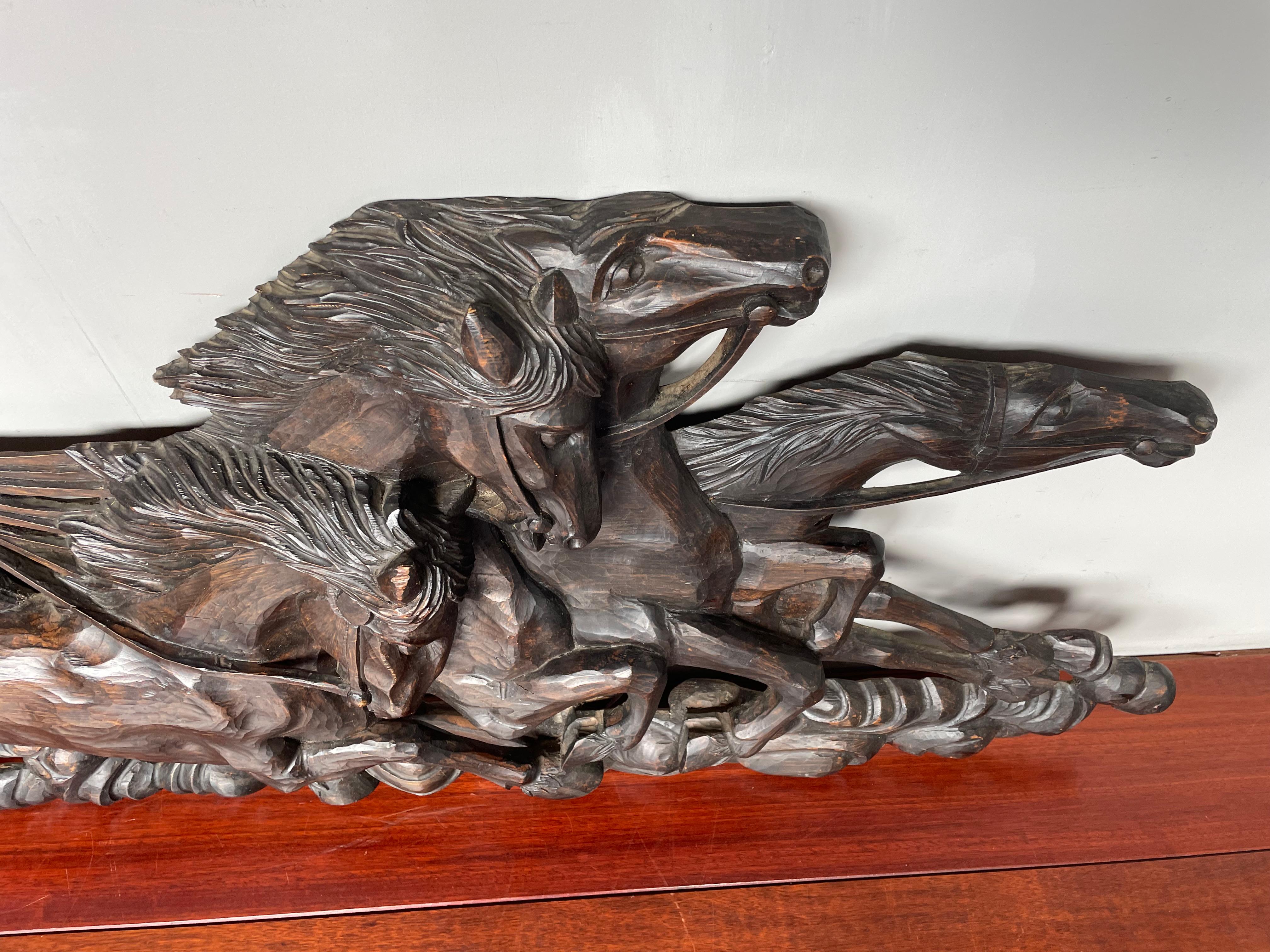 20th Century Hand Carved Large Wooden Sun God Helios on Charriot & 4 Horses Wall Sculpture