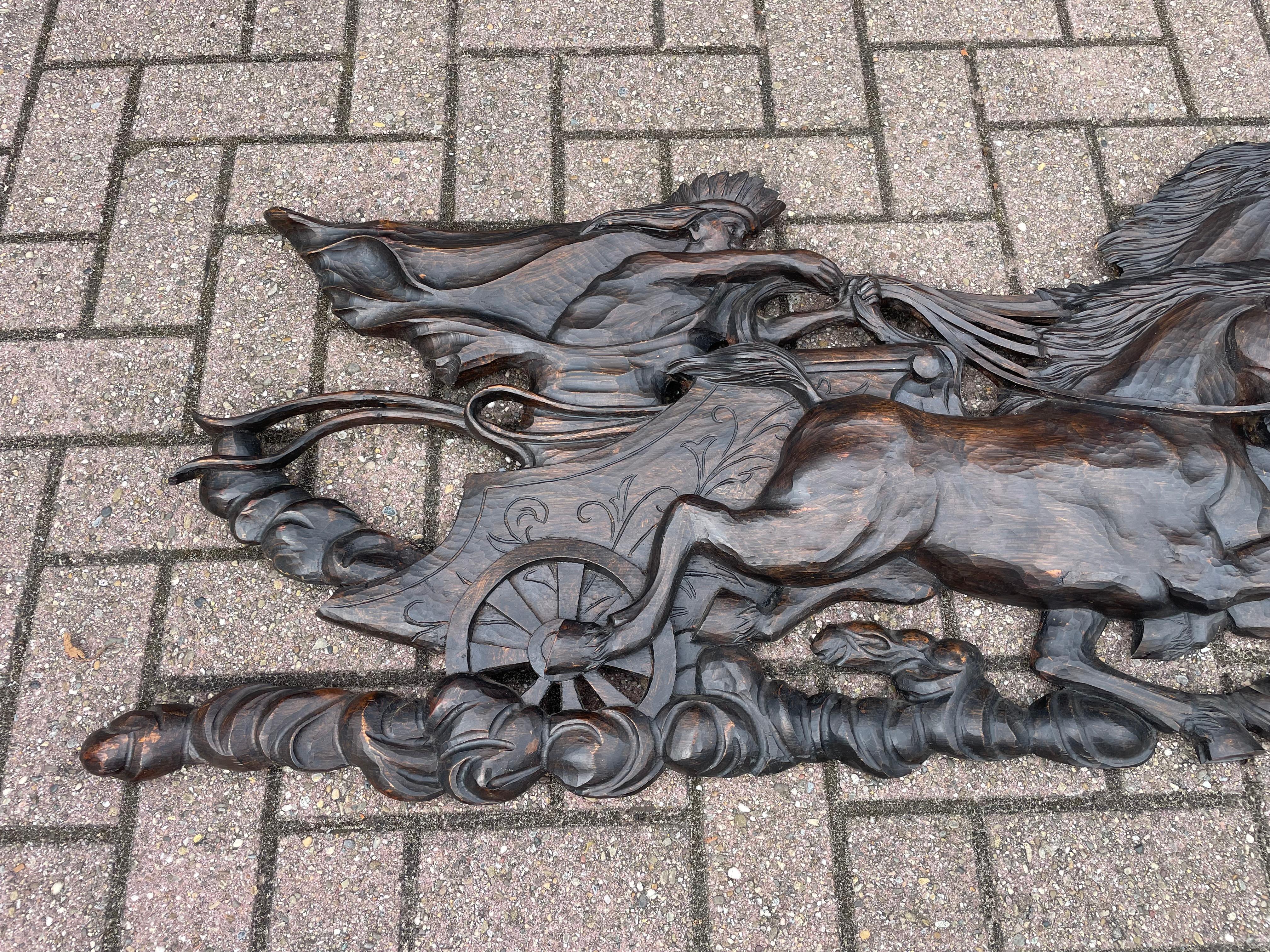 Pine Hand Carved Large Wooden Sun God Helios on Charriot & 4 Horses Wall Sculpture