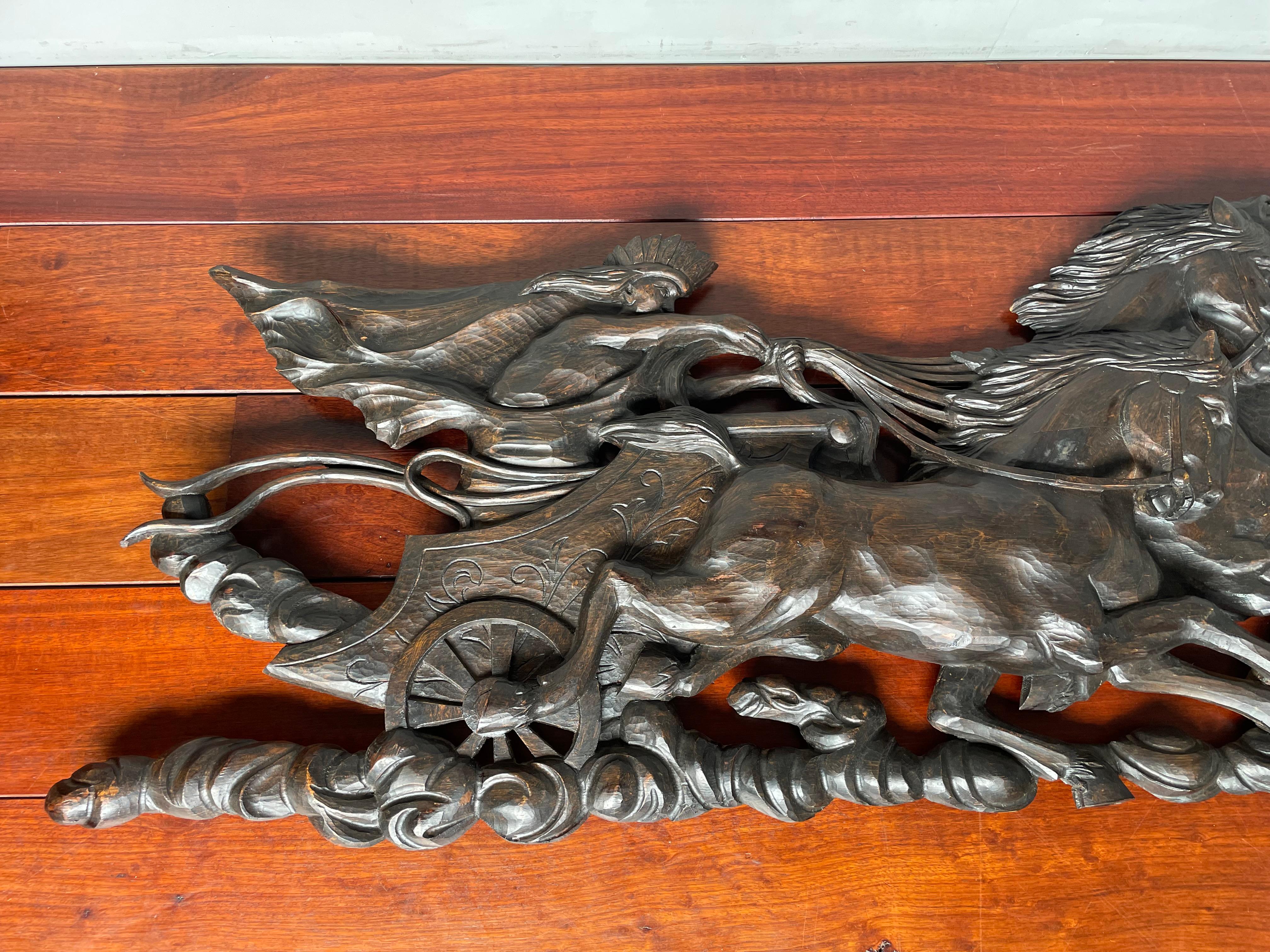 Hand Carved Large Wooden Sun God Helios on Charriot & 4 Horses Wall Sculpture 1