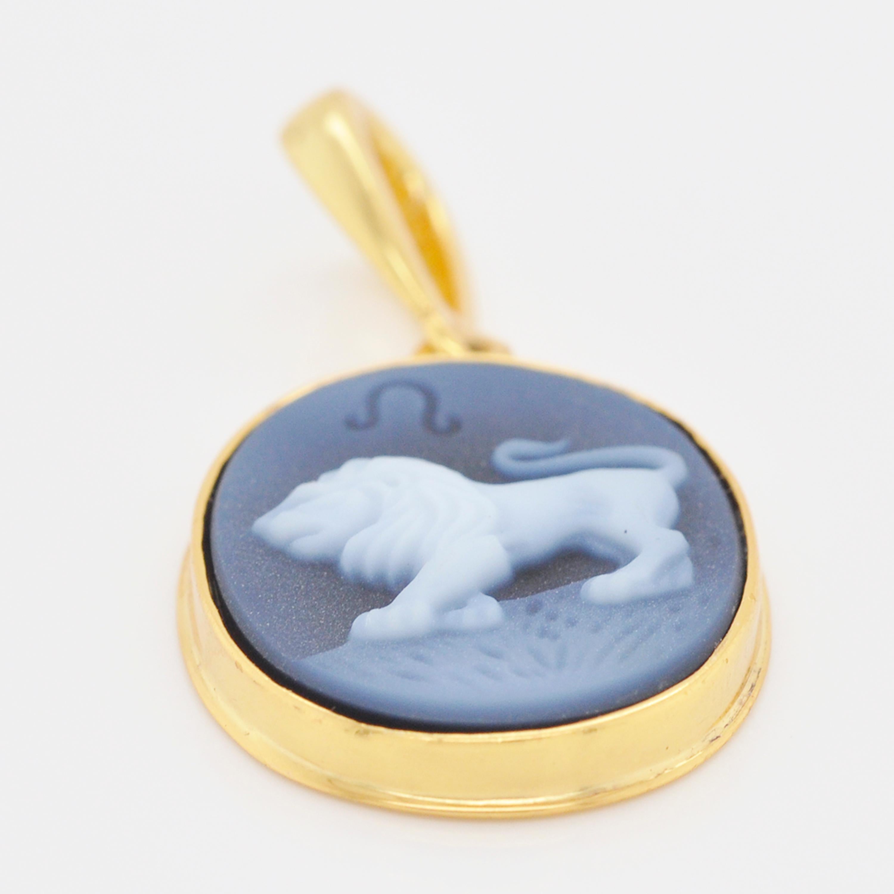 Collier pendentif en argent 925 avec agate et camée sculpté à la main en forme de Lion Zodiac en vente 1