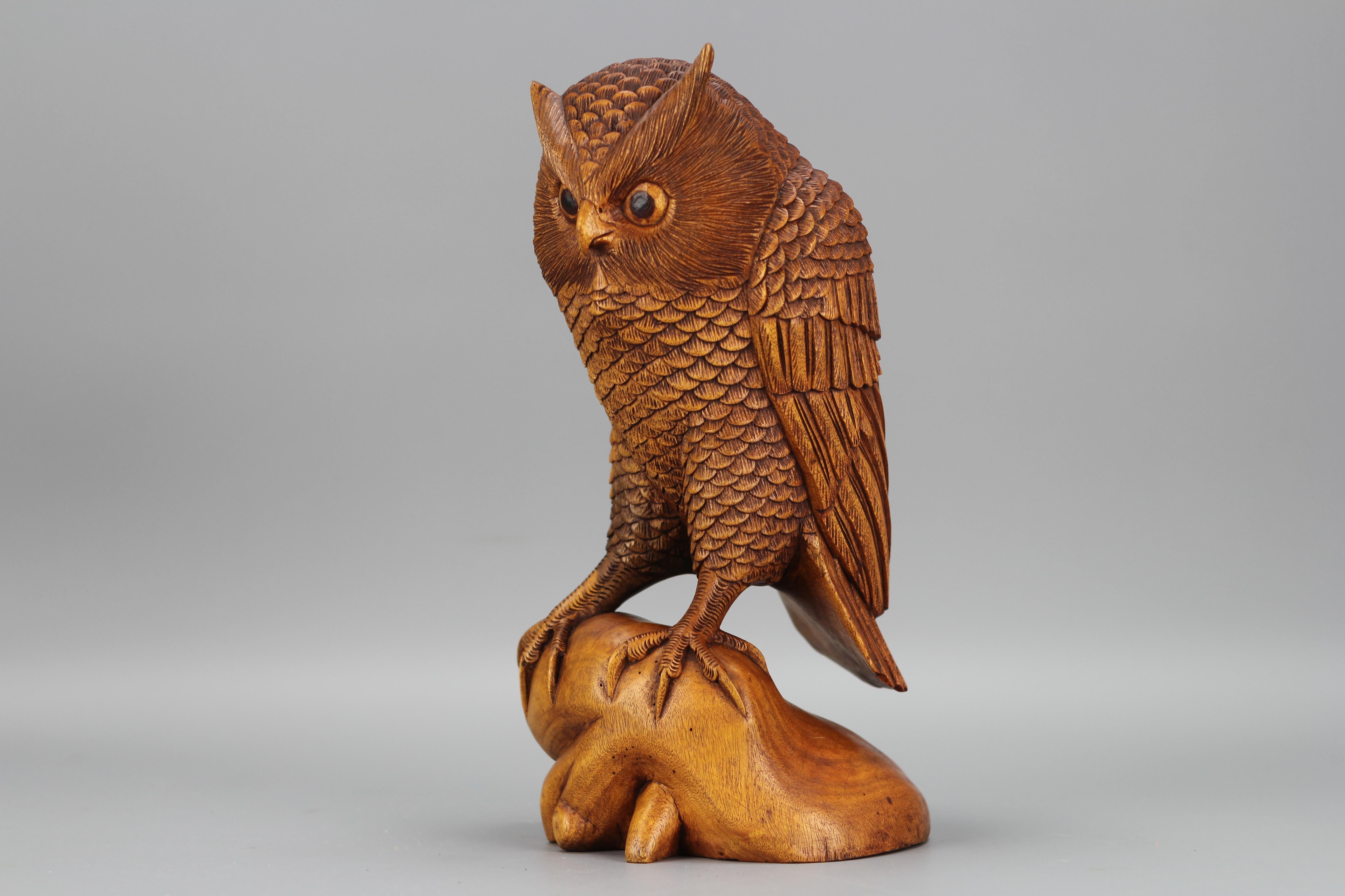 Hand-Carved Light-Brown Wooden Owl Sculpture  For Sale 3