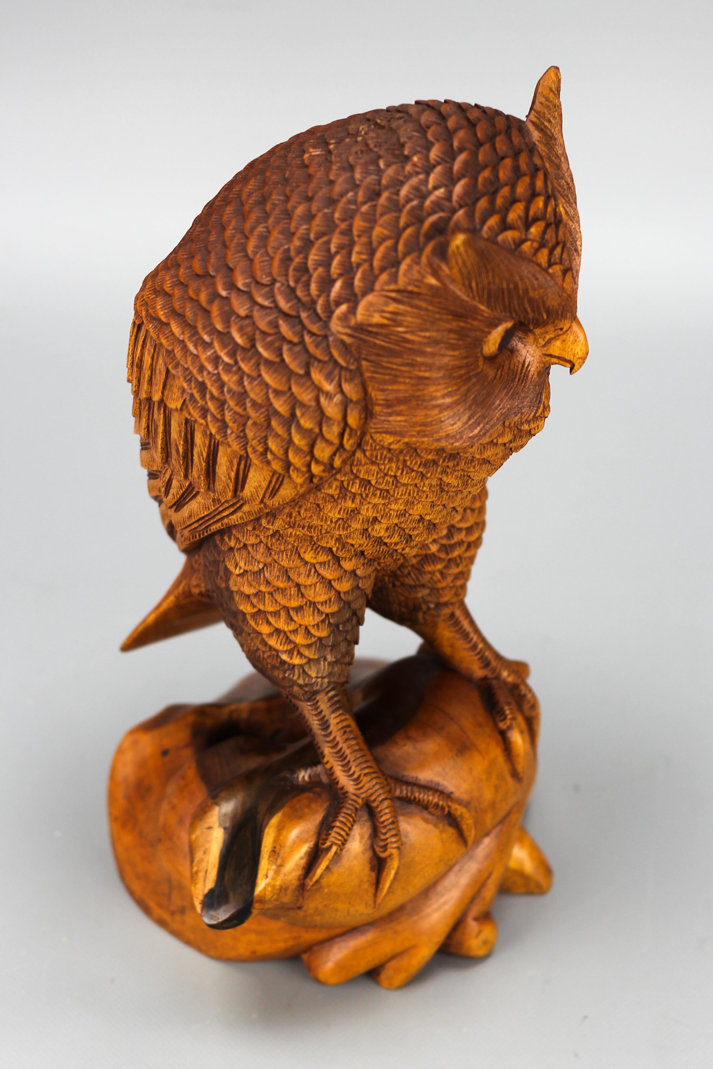 Hand-Carved Light-Brown Wooden Owl Sculpture  For Sale 6