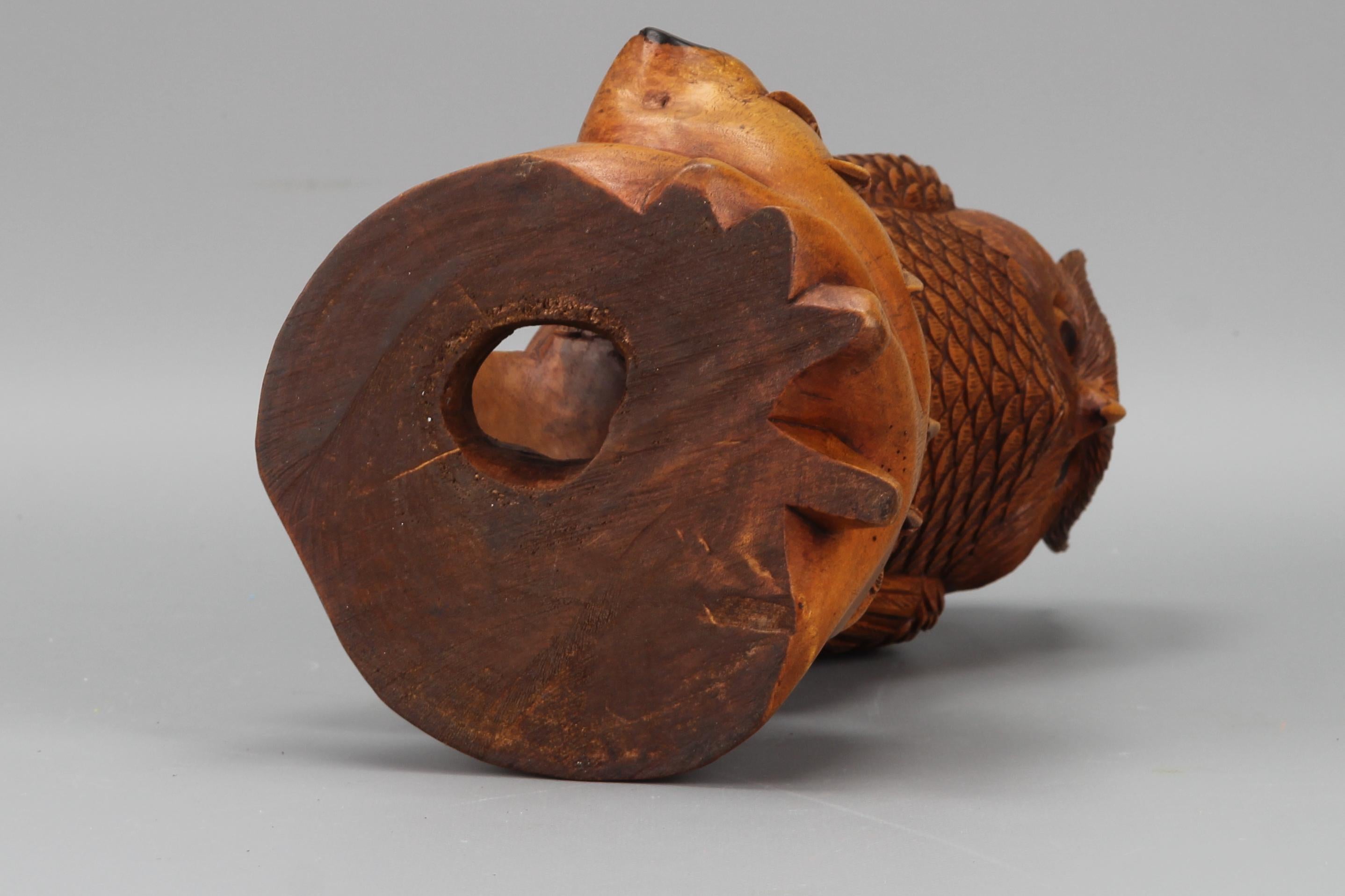Hand-Carved Light-Brown Wooden Owl Sculpture  For Sale 7