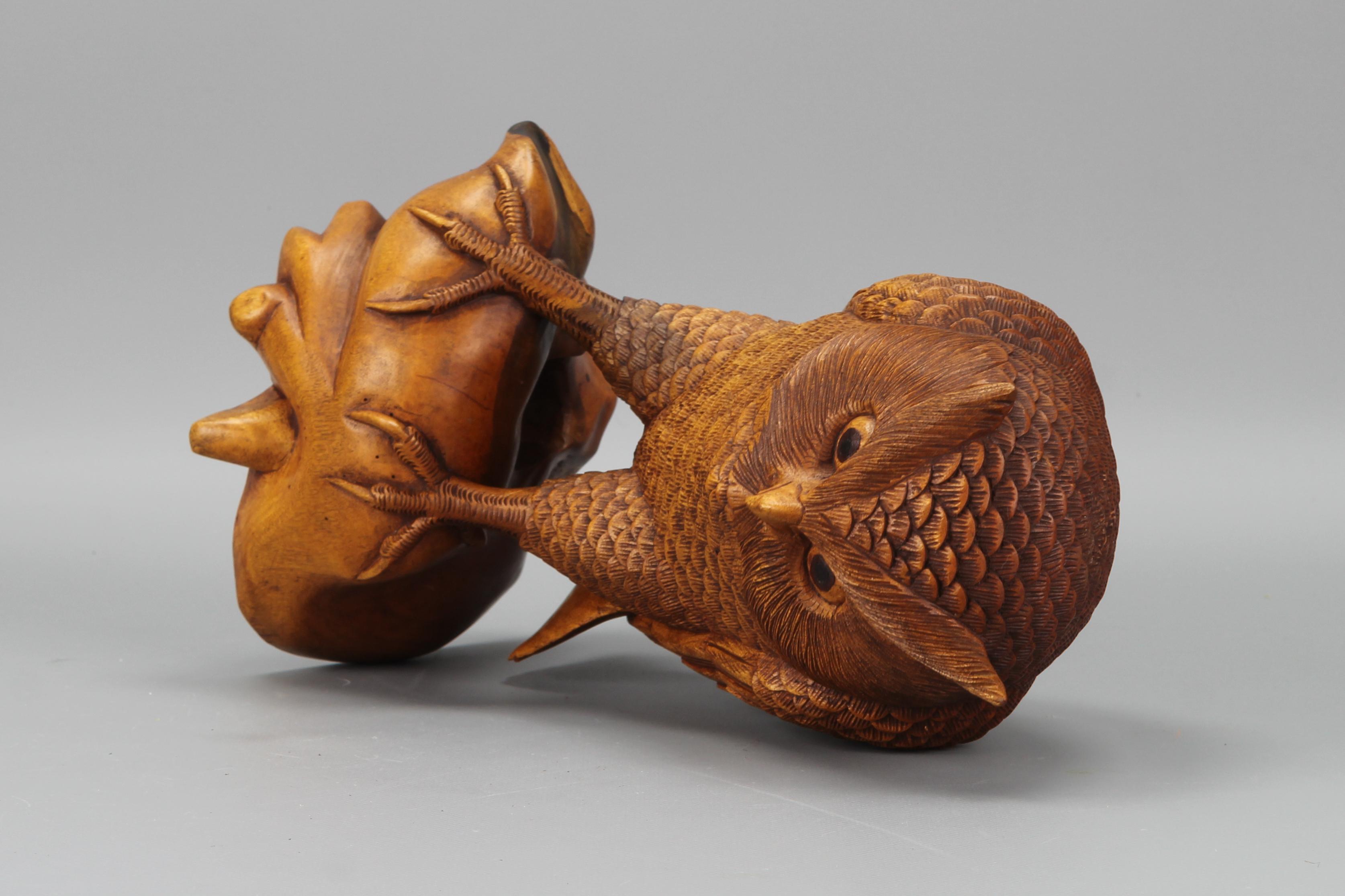 Hand-Carved Light-Brown Wooden Owl Sculpture  For Sale 8