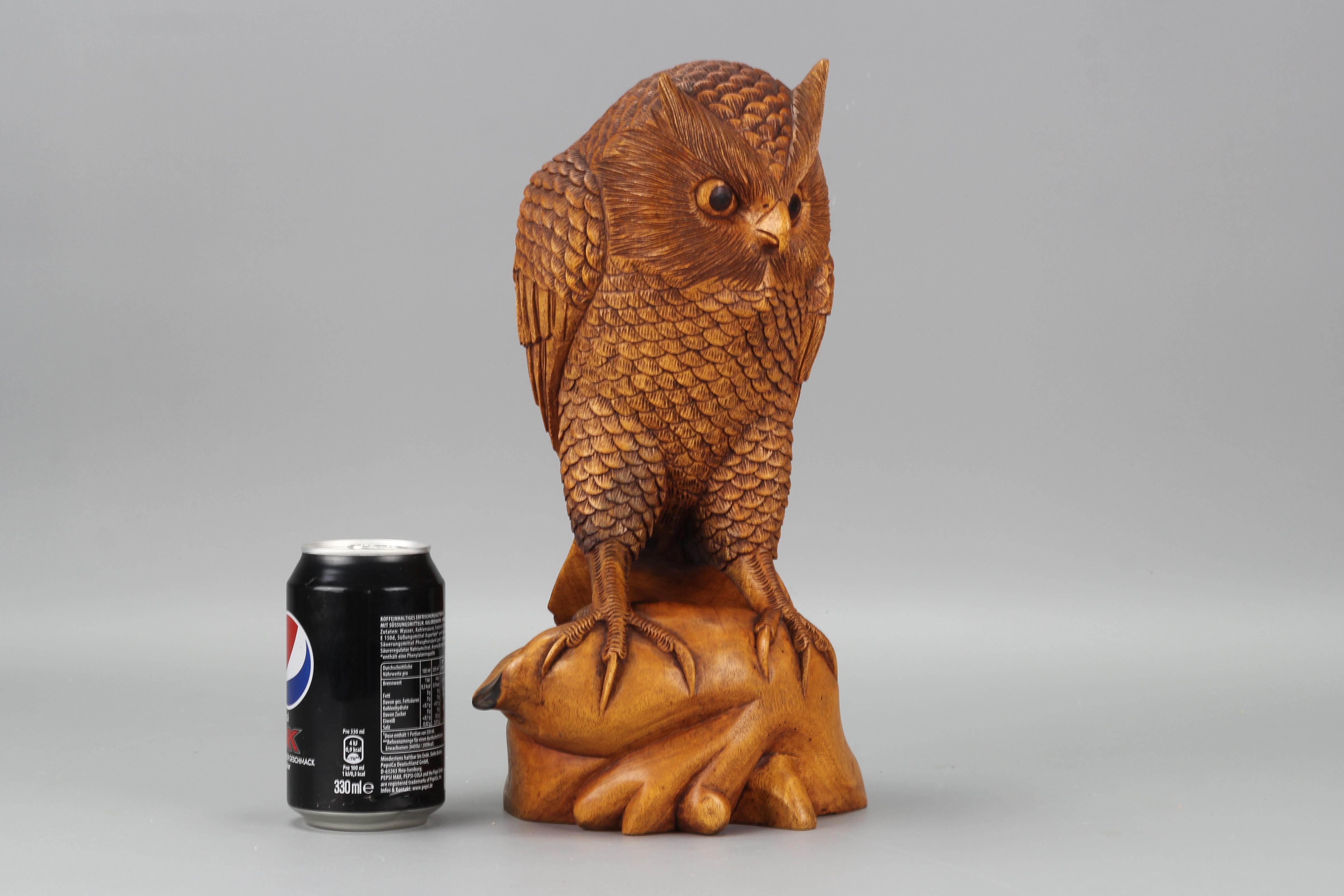 Hand-Carved Light-Brown Wooden Owl Sculpture  For Sale 10
