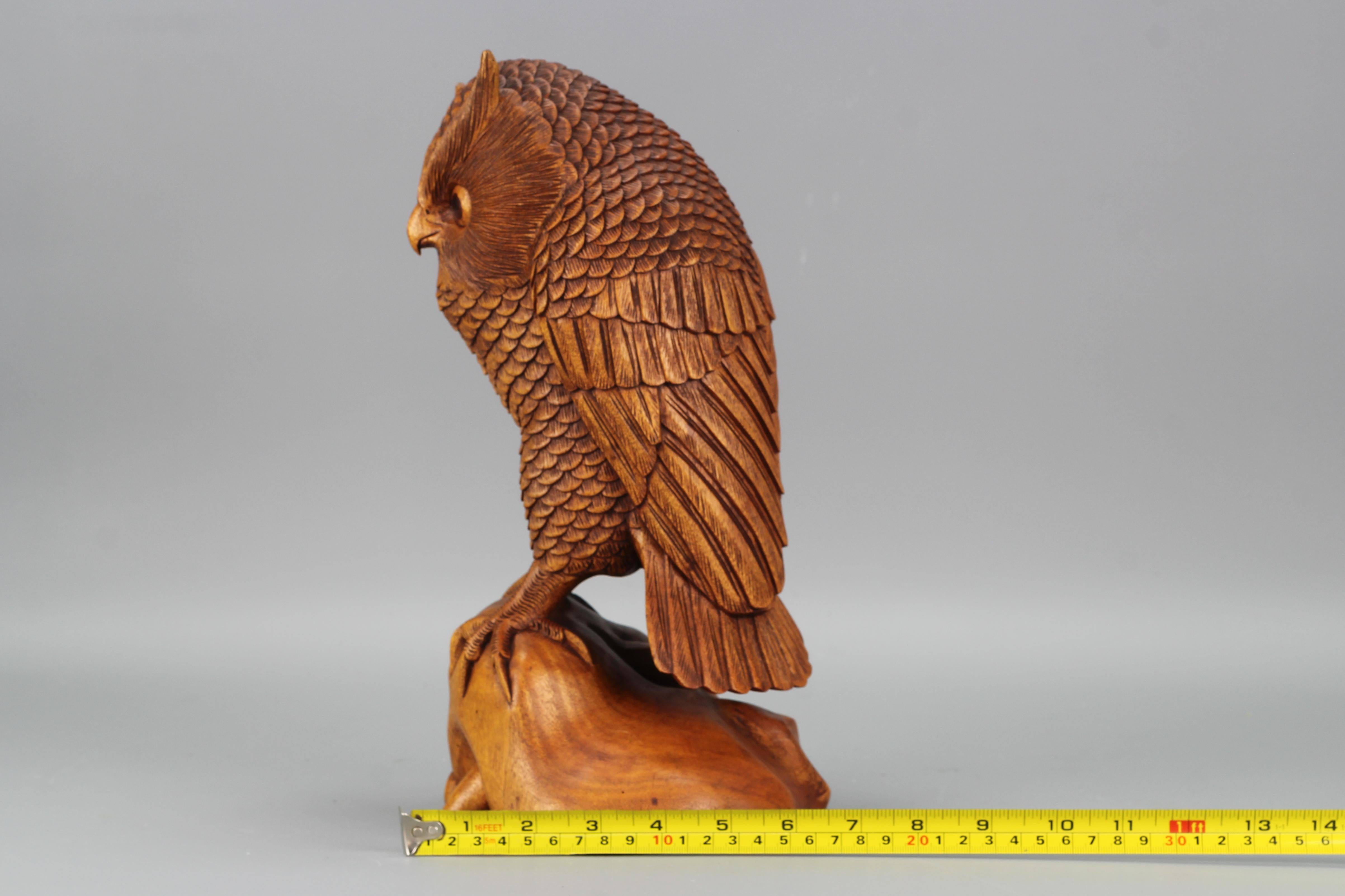 Hand-Carved Light-Brown Wooden Owl Sculpture  For Sale 11