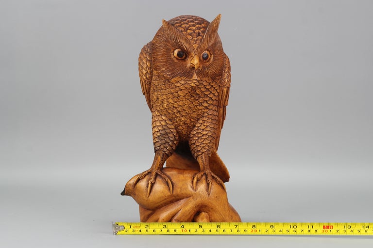 HandCarved LightBrown Wooden Owl Sculpture For Sale at 1stDibs