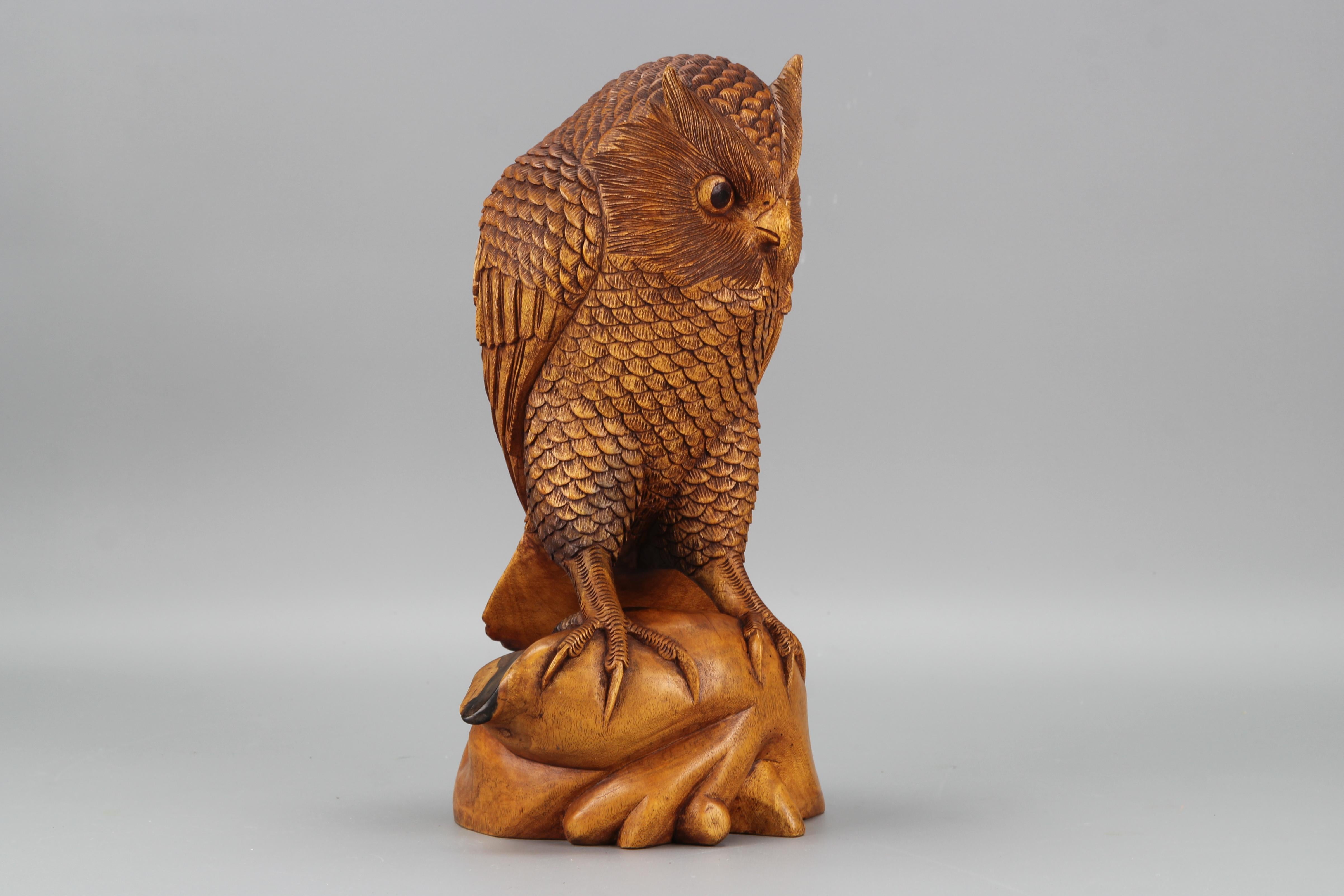 A handsome vintage hand-carved wooden owl sculpture, Asia, circa the 1970s.
This expressive and beautifully carved light brown wooden owl, finely detailed right down to the feathers, perching on wood, would be a great eye-catcher in any room or