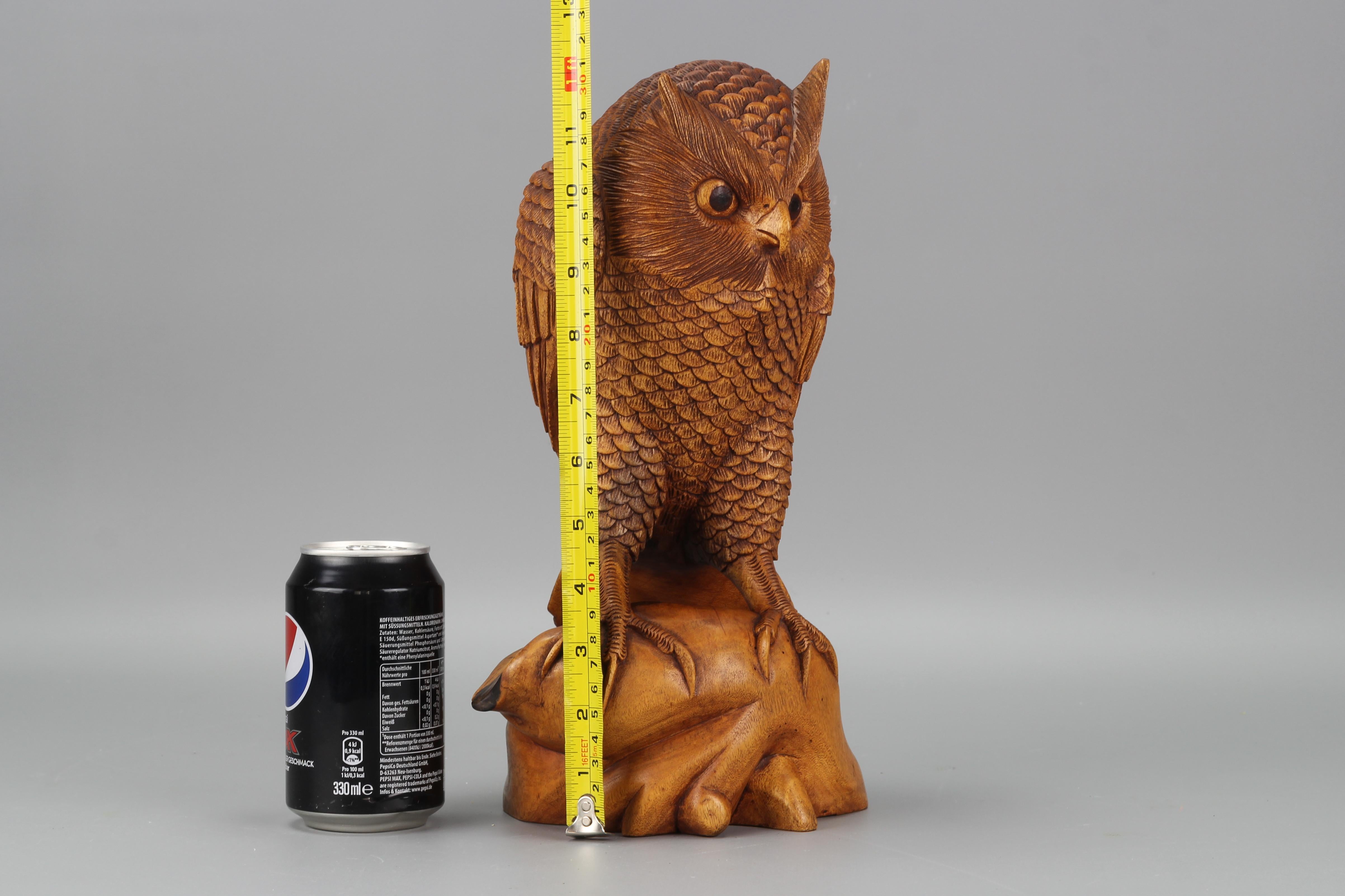Hand-Carved Light-Brown Wooden Owl Sculpture  For Sale 13