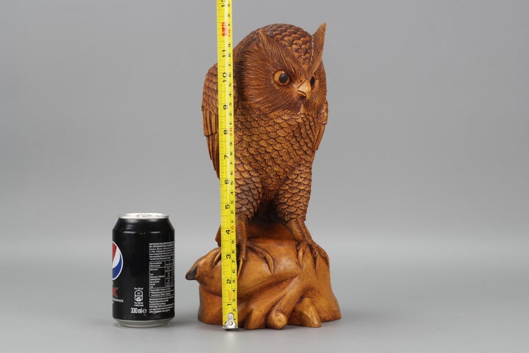 HandCarved LightBrown Wooden Owl Sculpture For Sale at 1stDibs
