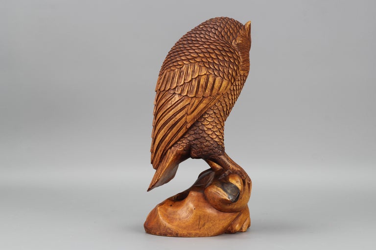 HandCarved LightBrown Wooden Owl Sculpture For Sale at 1stDibs