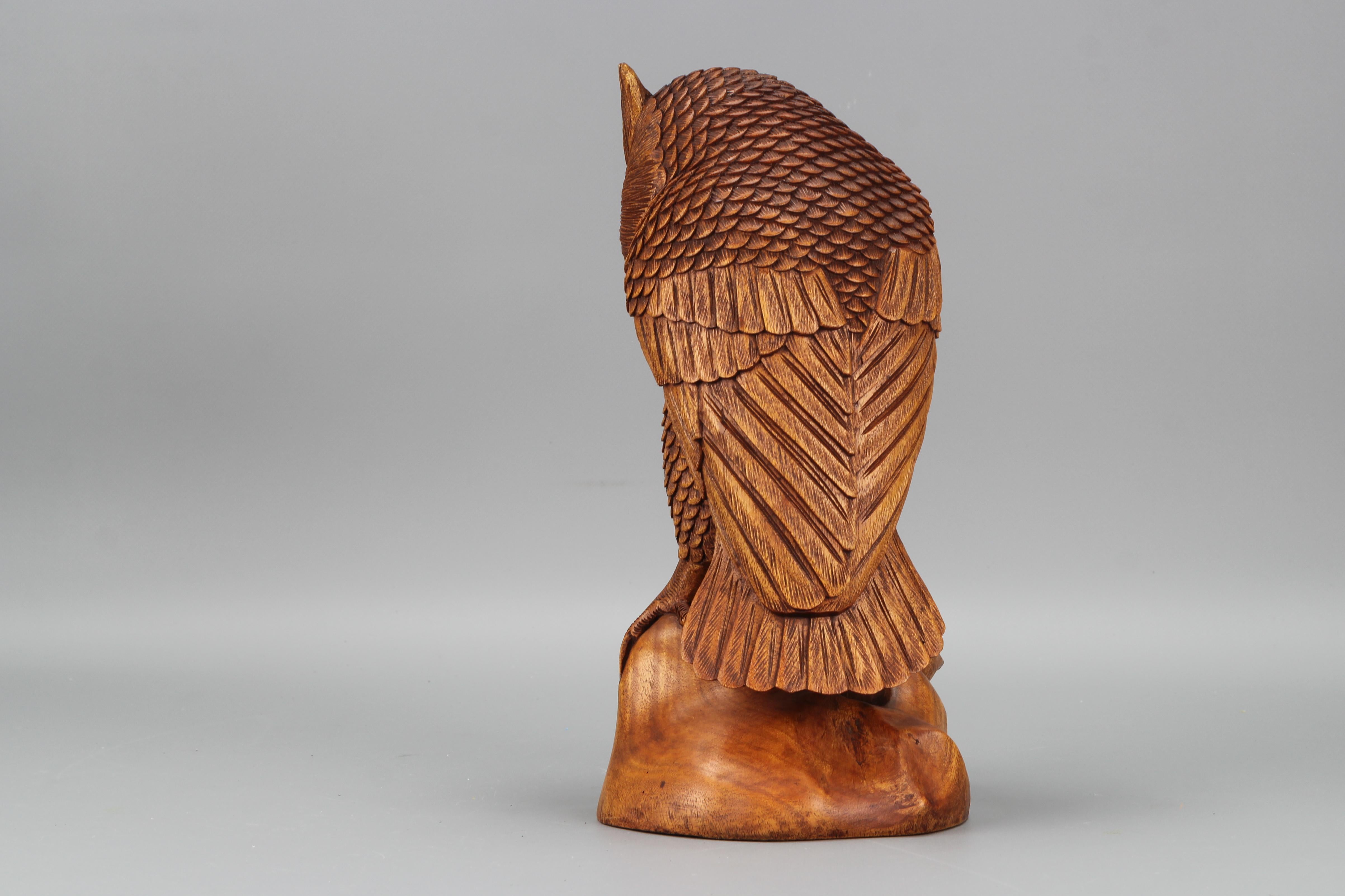 Asian Hand-Carved Light-Brown Wooden Owl Sculpture  For Sale