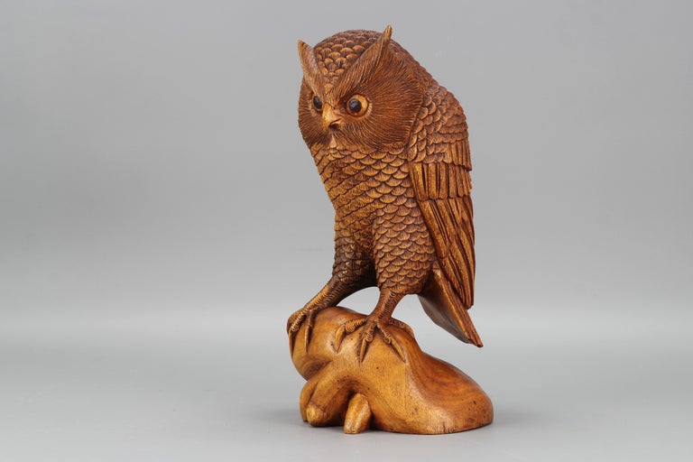 HandCarved LightBrown Wooden Owl Sculpture For Sale at 1stDibs