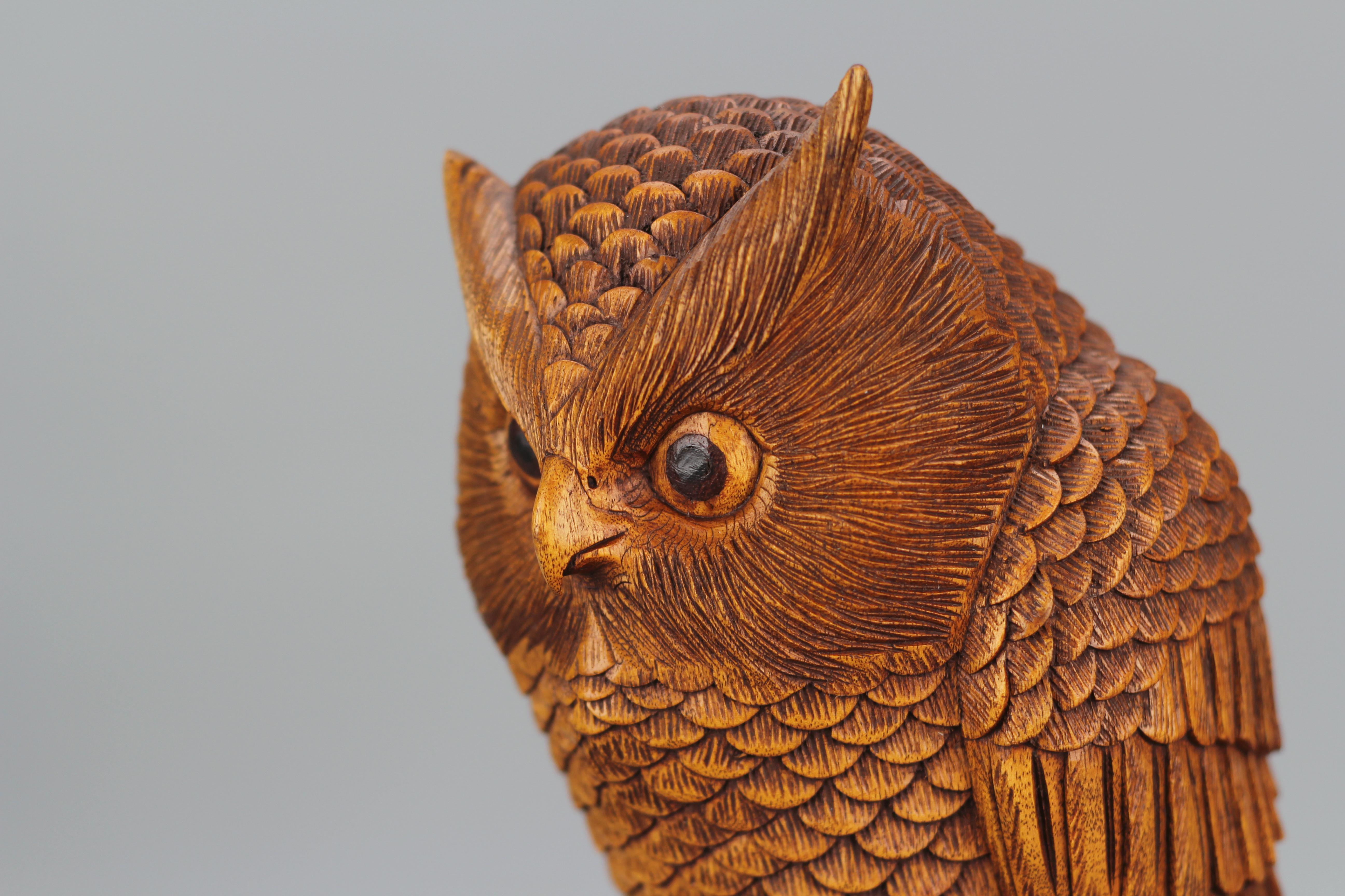 Hand-Carved Light-Brown Wooden Owl Sculpture  For Sale 1